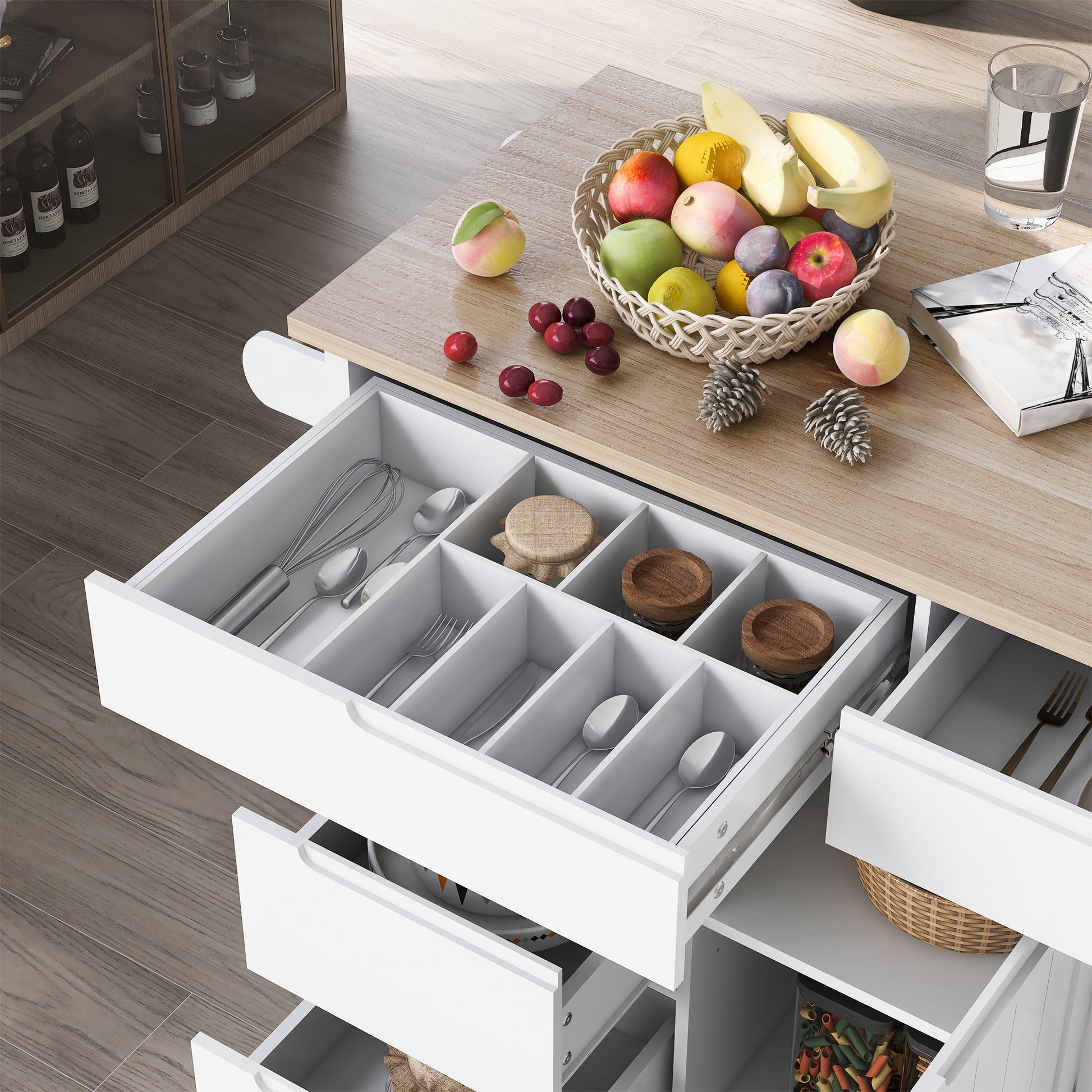 Kitchen Cart with Rubber Wood Countertop white-mdf