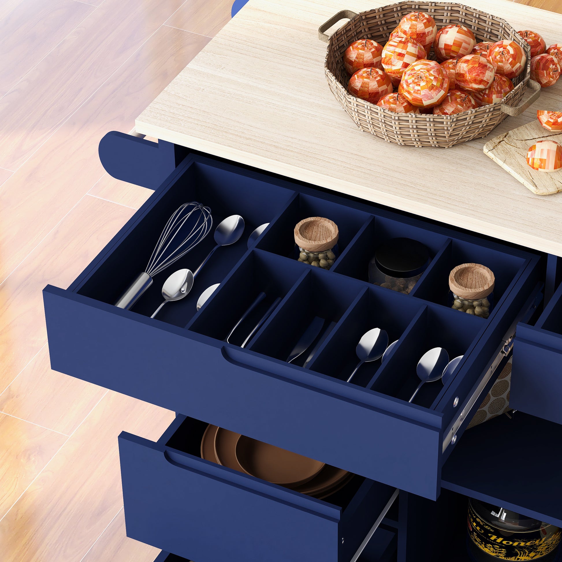 Kitchen Cart with Rubber Wood Countertop blue-mdf