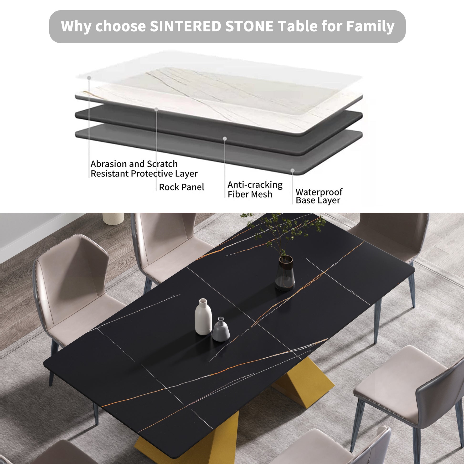 70.87" Modern Artificial Stone Black Straight Edge Golden Metal Leg Dining Table Can Accommodate 6 8 People Black Metal Sintered Stone