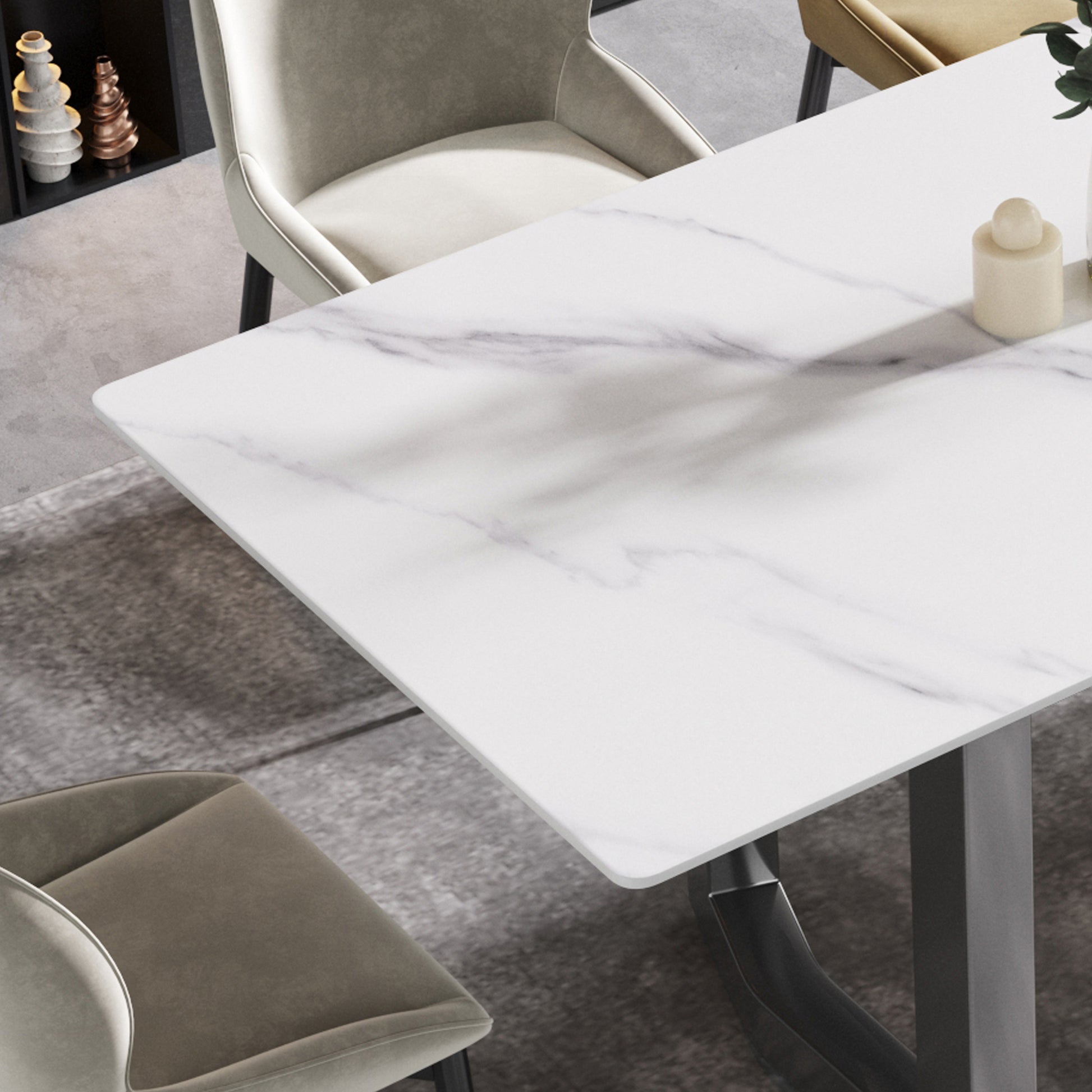 70.87" Modern Artificial Stone White Straight Edge Black Metal Leg Dining Table Can Accommodate 6 8 People White Metal Sintered Stone