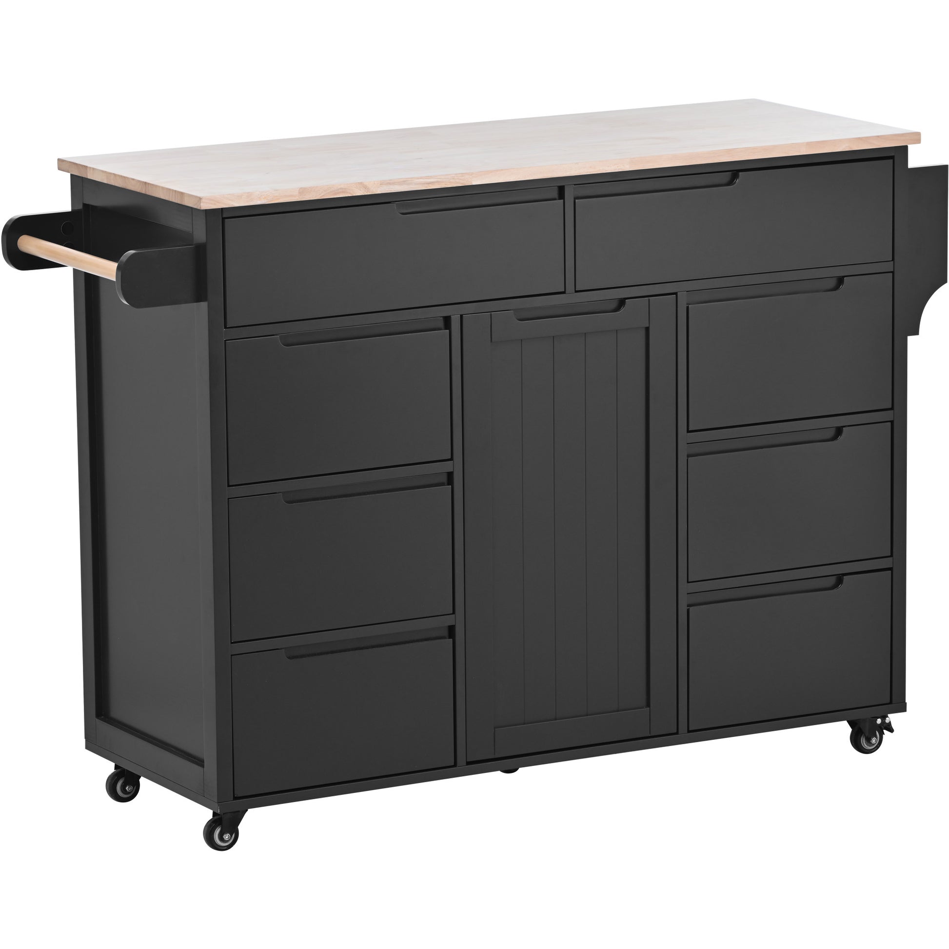 Kitchen Cart With Rubber Wood Countertopkitchen Island Has 8 Handle Free Drawers Including A Flatware Organizer And 5 Wheels For Kitchen Dinning Room, Black Black Mdf