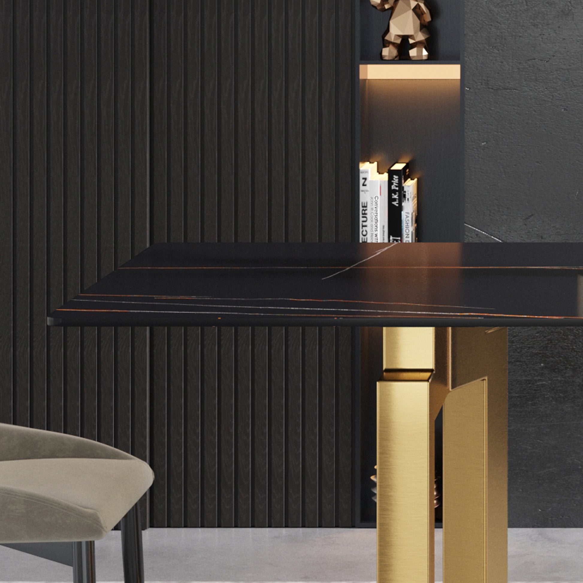 70.87" Modern Artificial Stone Black Straight Edge Golden Metal Leg Dining Table Can Accommodate 6 8 People Black Metal Sintered Stone