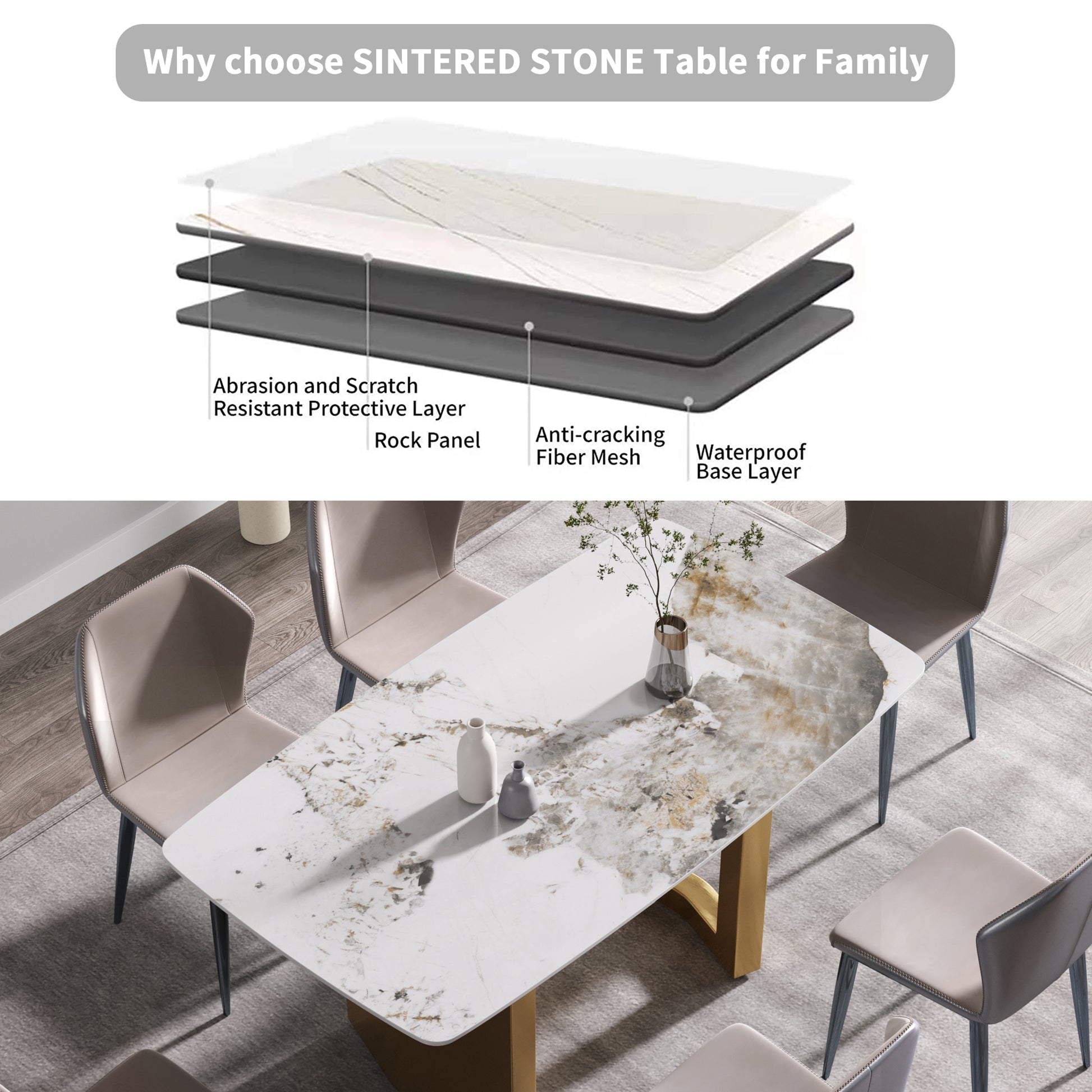 63"Modern Artificial Stone Pandora White Curved Golden Metal Leg Dining Table 6 People Antique White Metal Sintered Stone