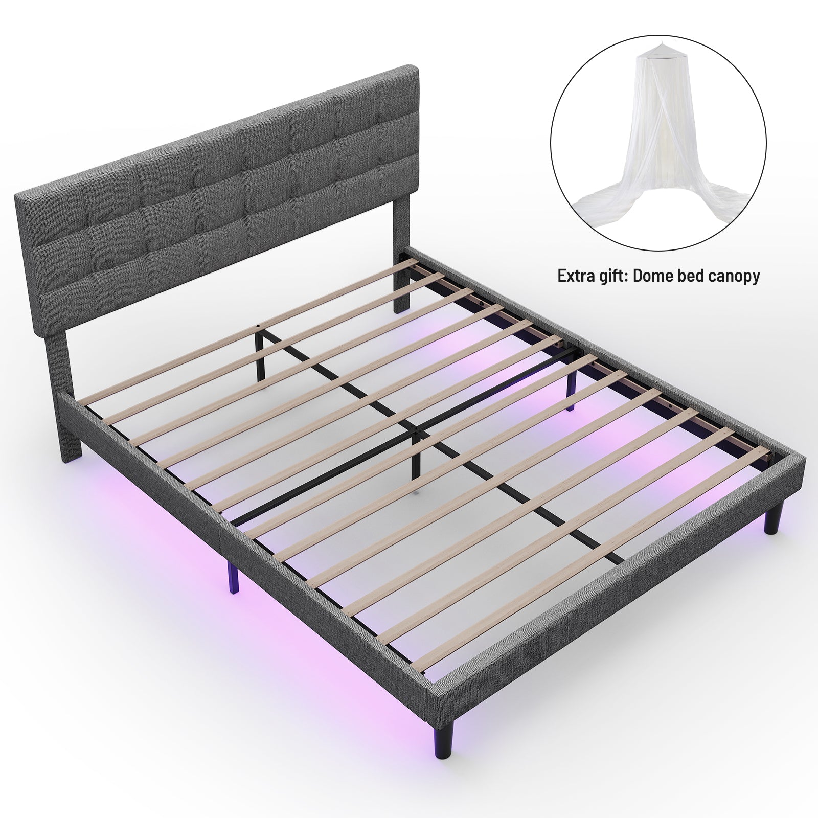 Queen Size Upholstered Platform Bed Linen Bed Frame With Lights Square Stitched Adjustable Headboard Strong Bed Slats System No Box Spring Needed Grey Queen Grey Cotton Linen