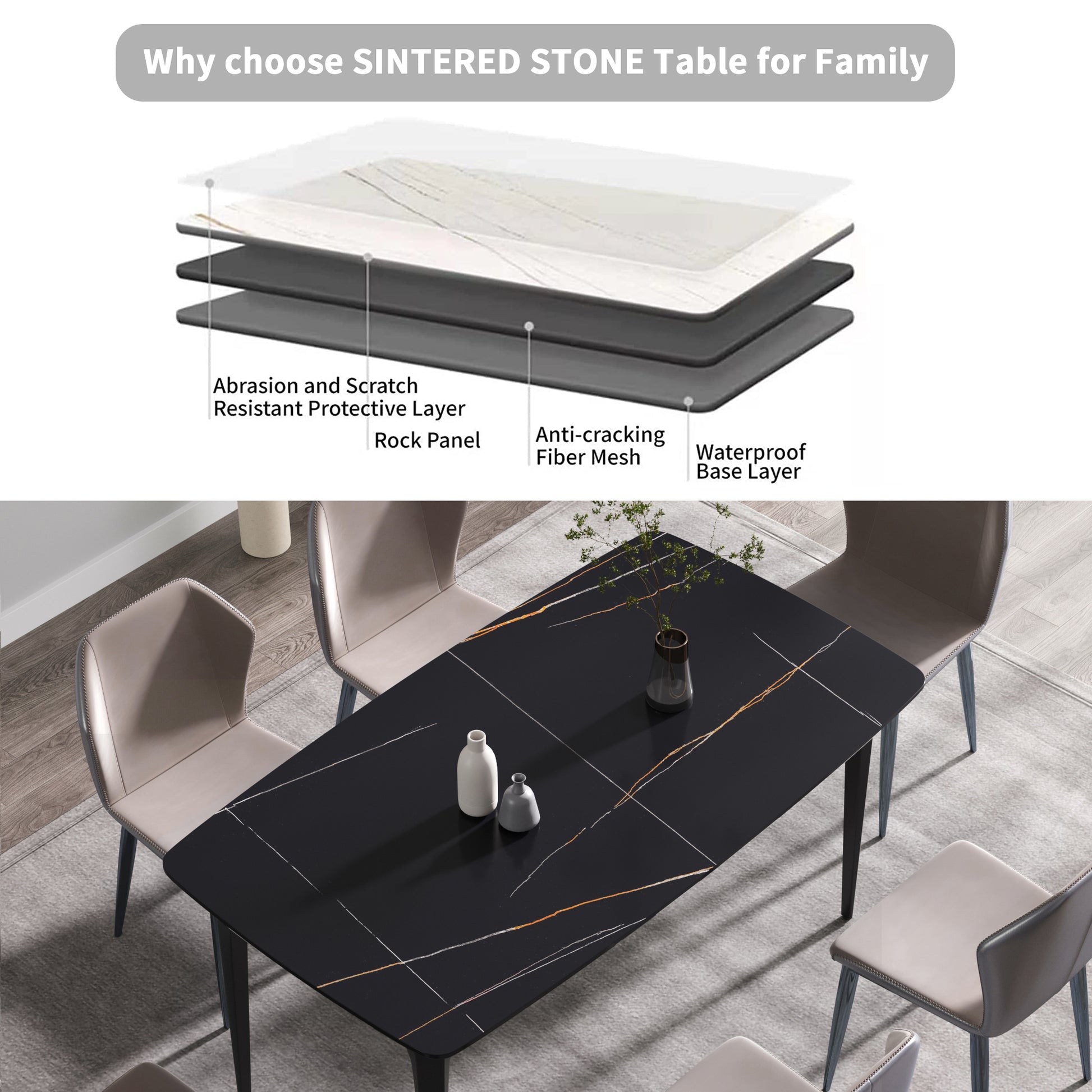 63"Modern Artificial Stone Black Curved Black Metal Leg Dining Table 6 People Black Metal Sintered Stone