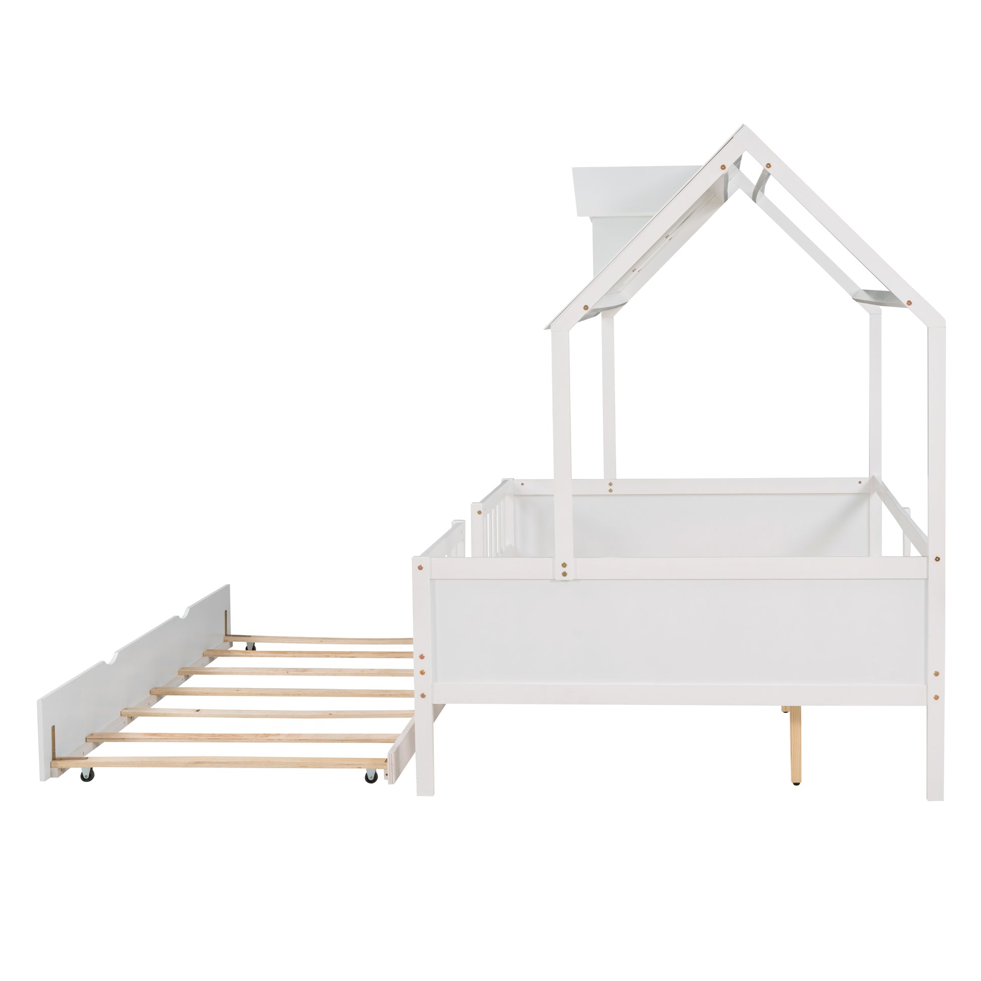 Full Size House Bed Wood Bed With Twin Size Trundle White White Solid Wood