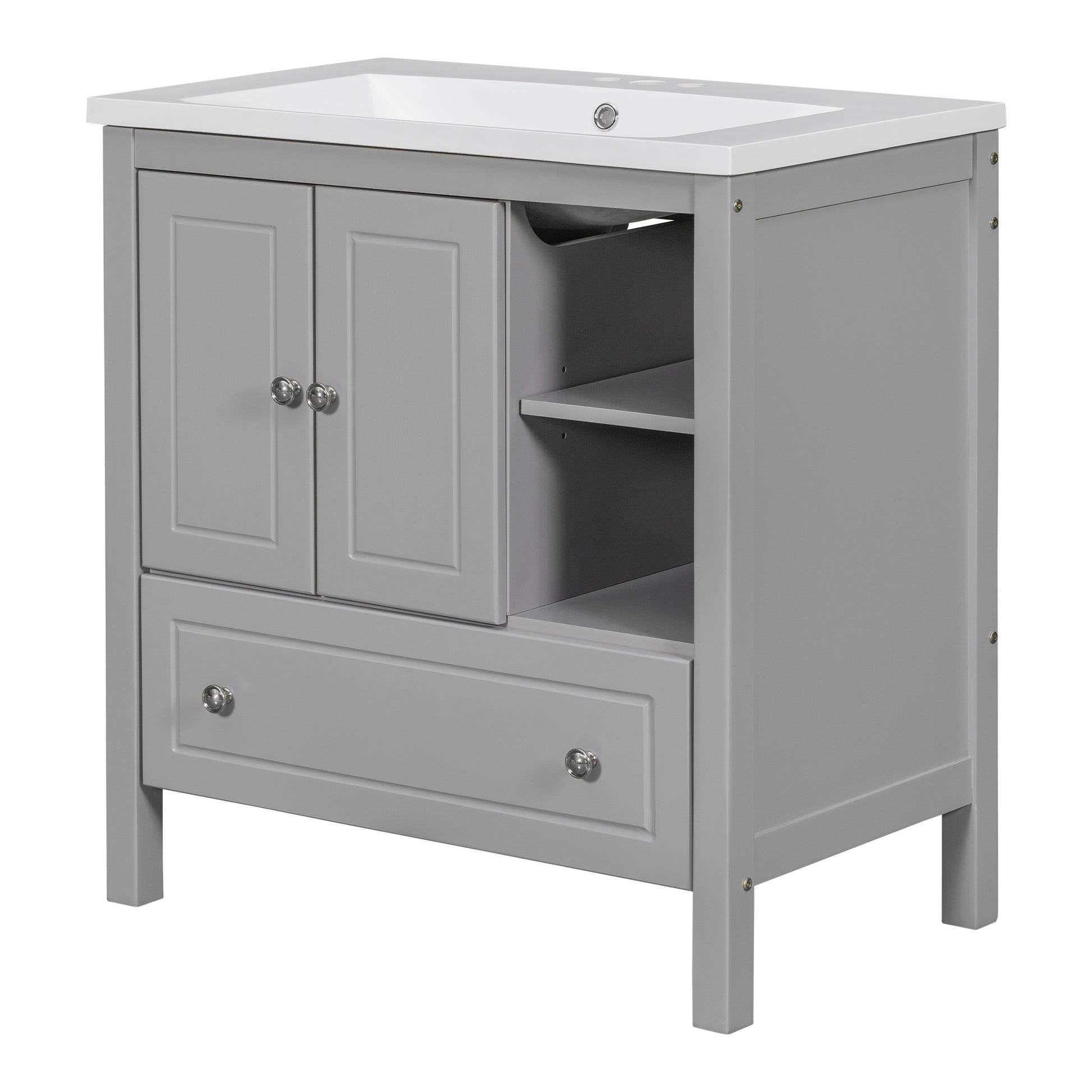 Video 30" Bathroom Vanity With Sink, Bathroom Storage Cabinet With Doors And Drawers, Solid Wood Frame, Ceramic Sink, Grey Old Sku: Jl000002Aag Grey Solid Wood Mdf