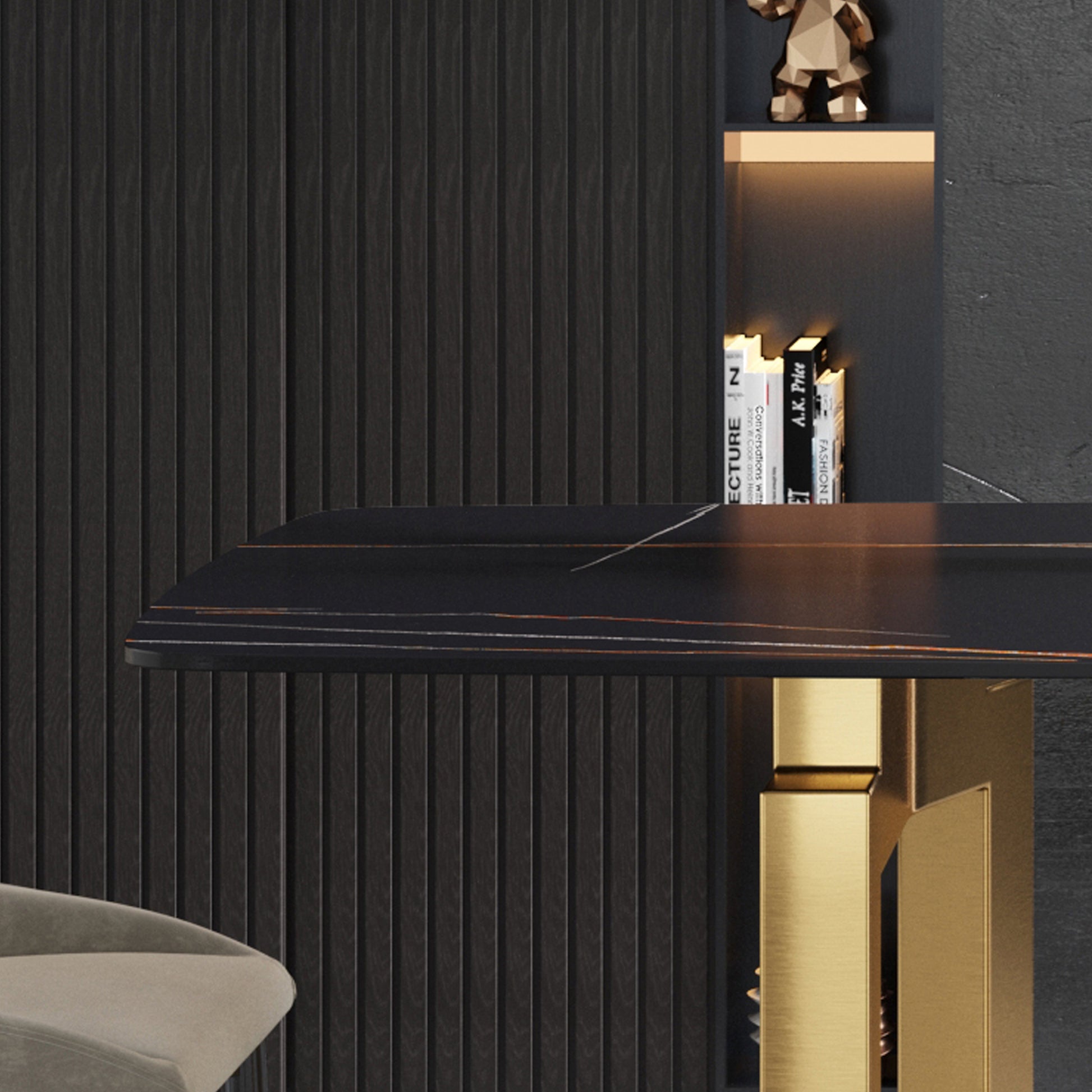 63"Modern Artificial Stone Black Curved Golden Metal Leg Dining Table 6 People Black Metal Sintered Stone