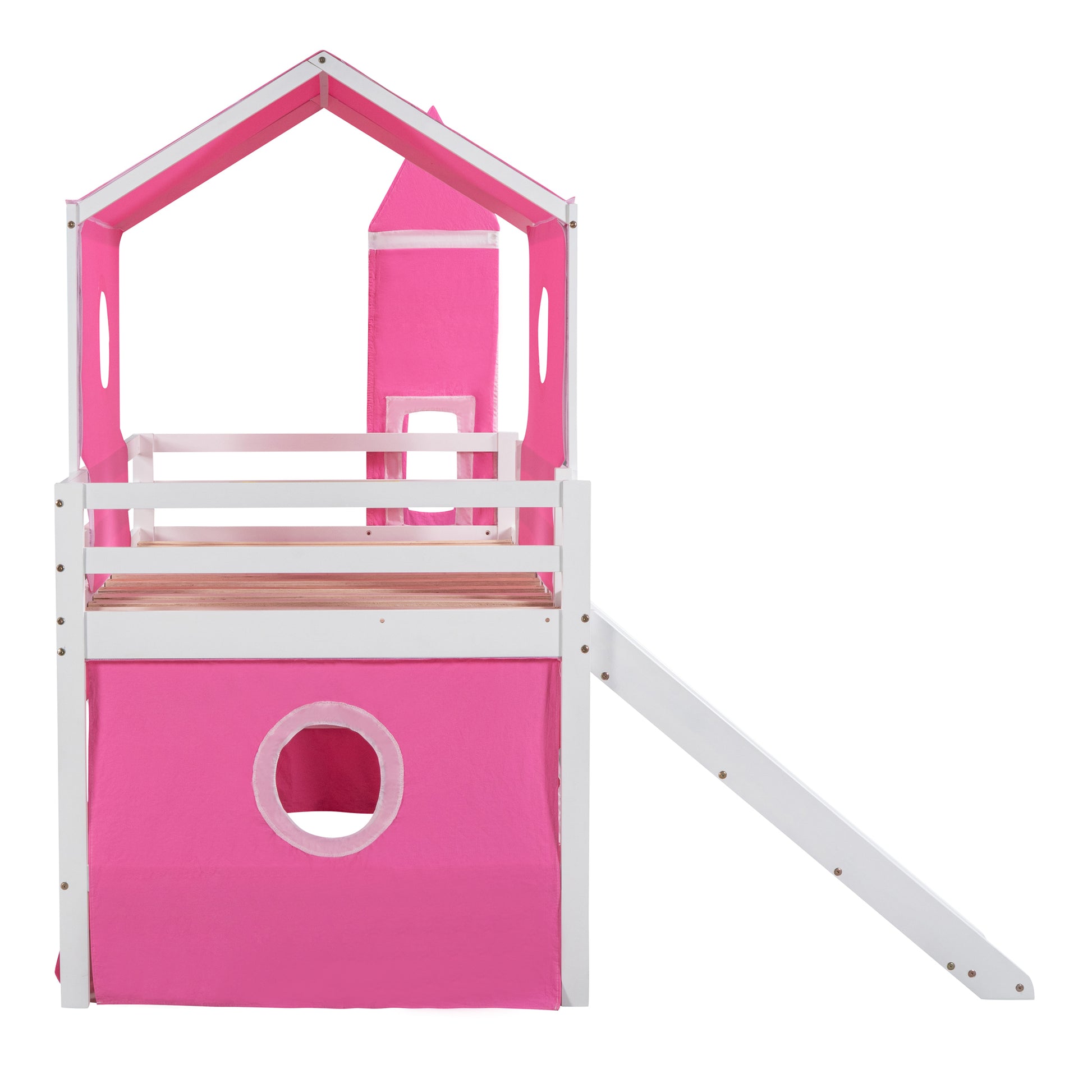 Twin Size Loft Bed With Slide Pink Tent And Tower Pink Twin Pink Solid Wood