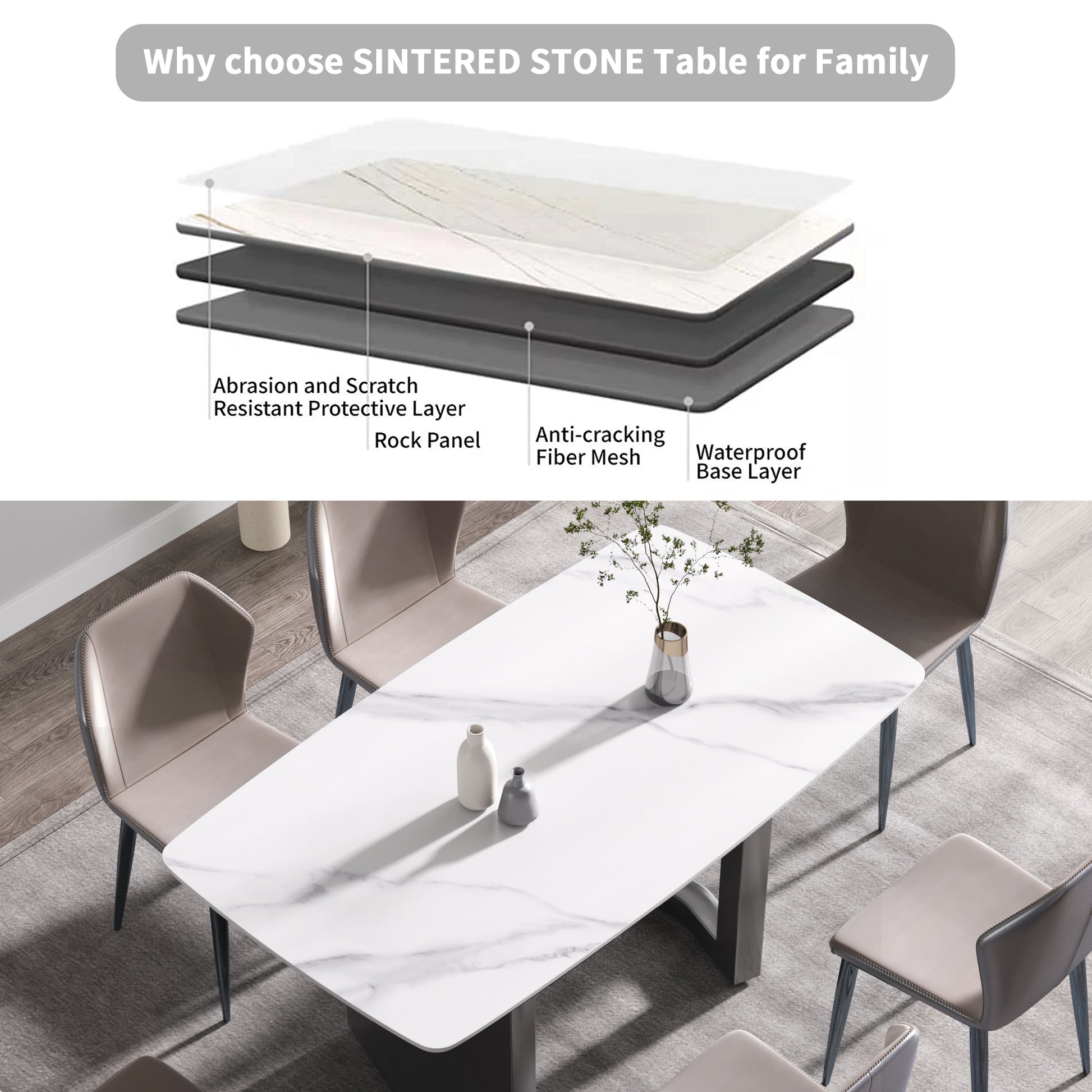 63"Modern Artificial Stone White Curved Black Metal Leg Dining Table 6 People White Metal Sintered Stone