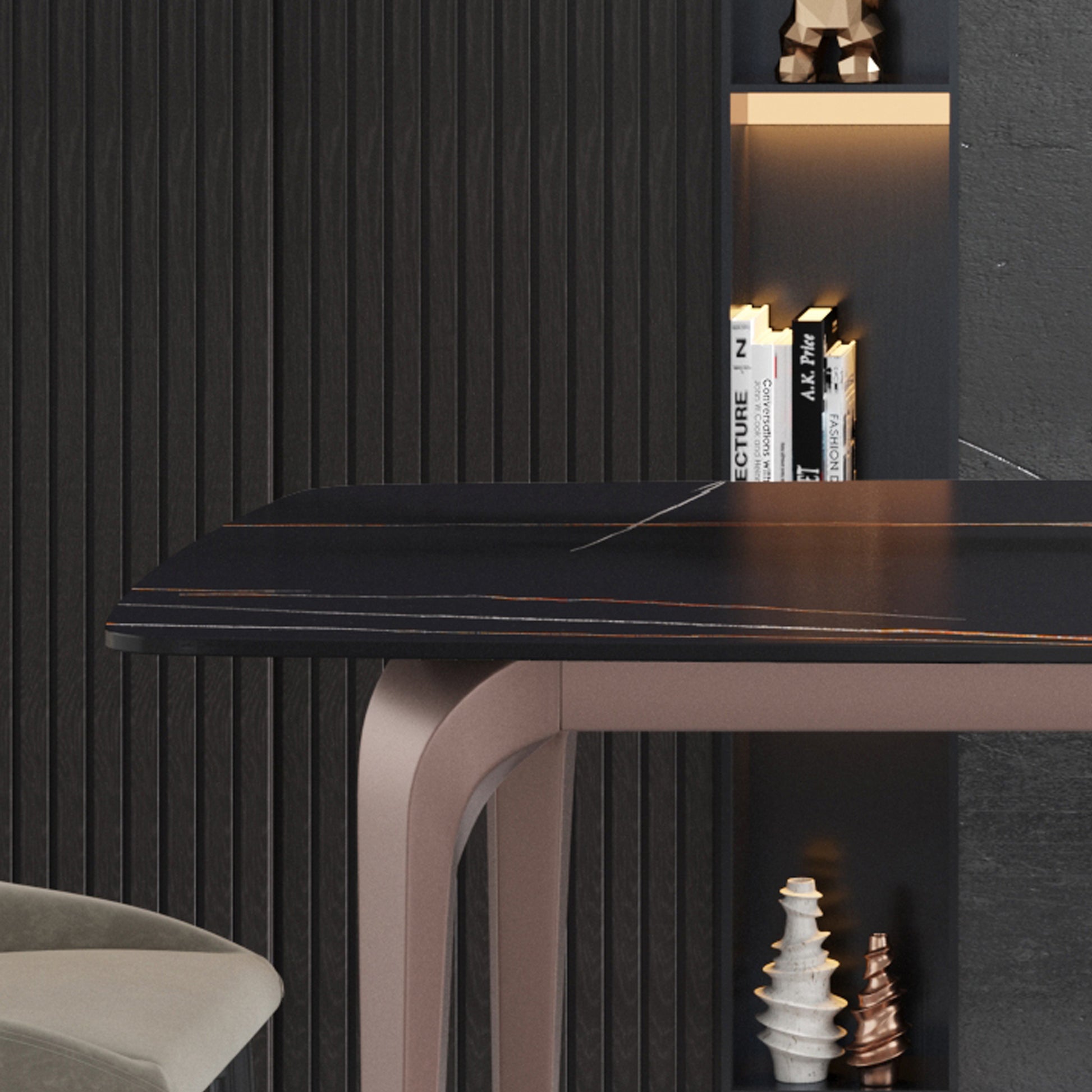 63"Modern Artificial Stone Black Curved Metal Leg Dining Table 6 People Black Metal Sintered Stone