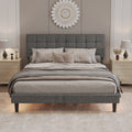 Queen Size Upholstered Platform Bed Linen Bed Frame With Lights Square Stitched Adjustable Headboard Strong Bed Slats System No Box Spring Needed Grey Queen Grey Cotton Linen