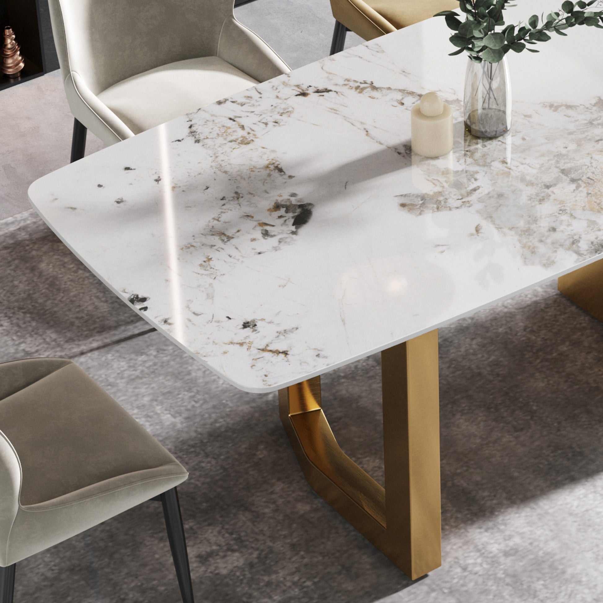 63"Modern Artificial Stone Pandora White Curved Golden Metal Leg Dining Table 6 People Antique White Metal Sintered Stone