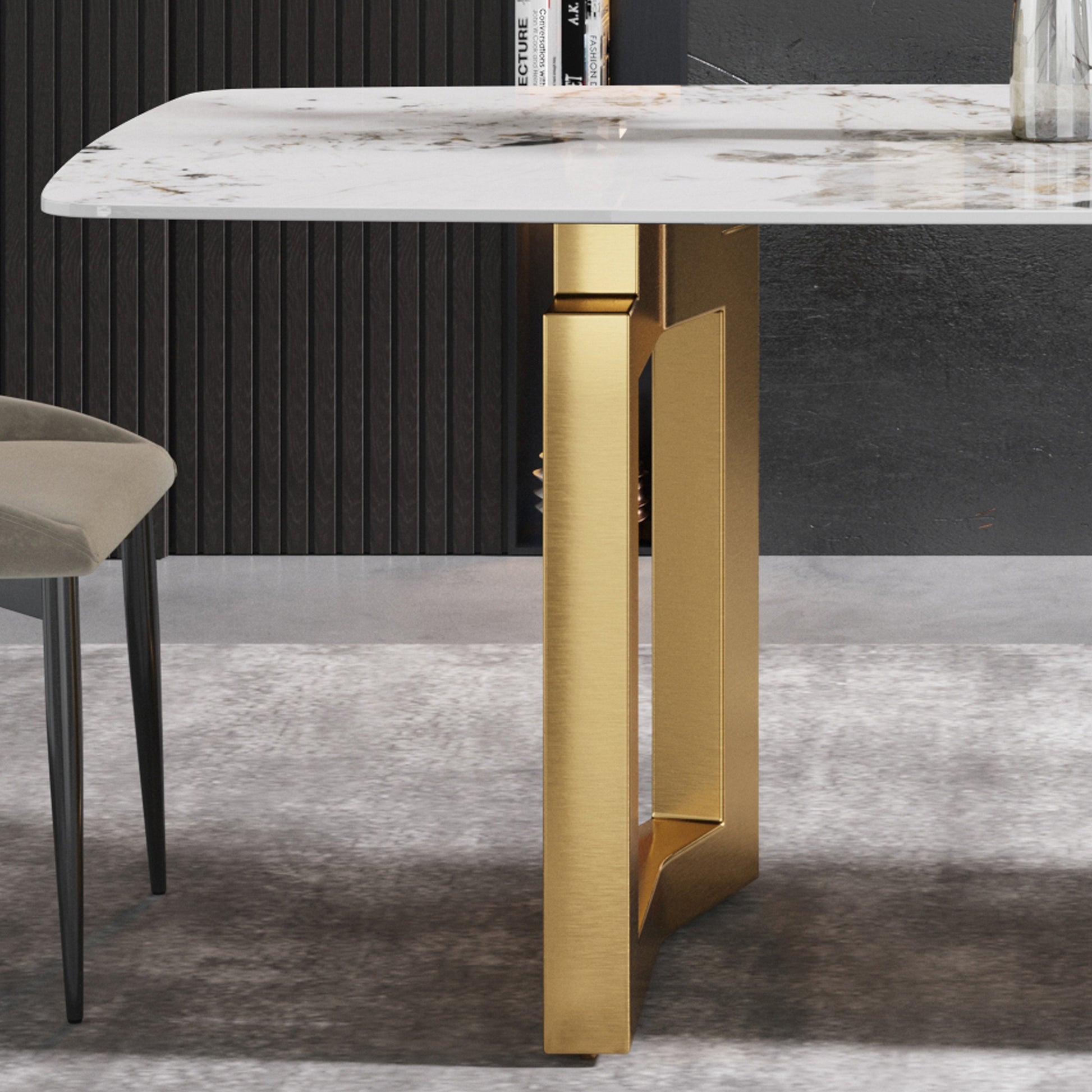 63"Modern Artificial Stone Pandora White Curved Golden Metal Leg Dining Table 6 People Antique White Metal Sintered Stone