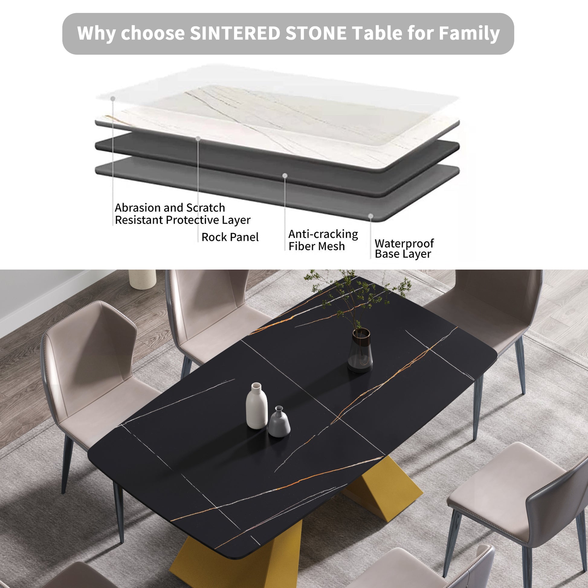 63"Modern Artificial Stone Black Curved Golden Metal Leg Dining Table 6 People Black Metal Sintered Stone