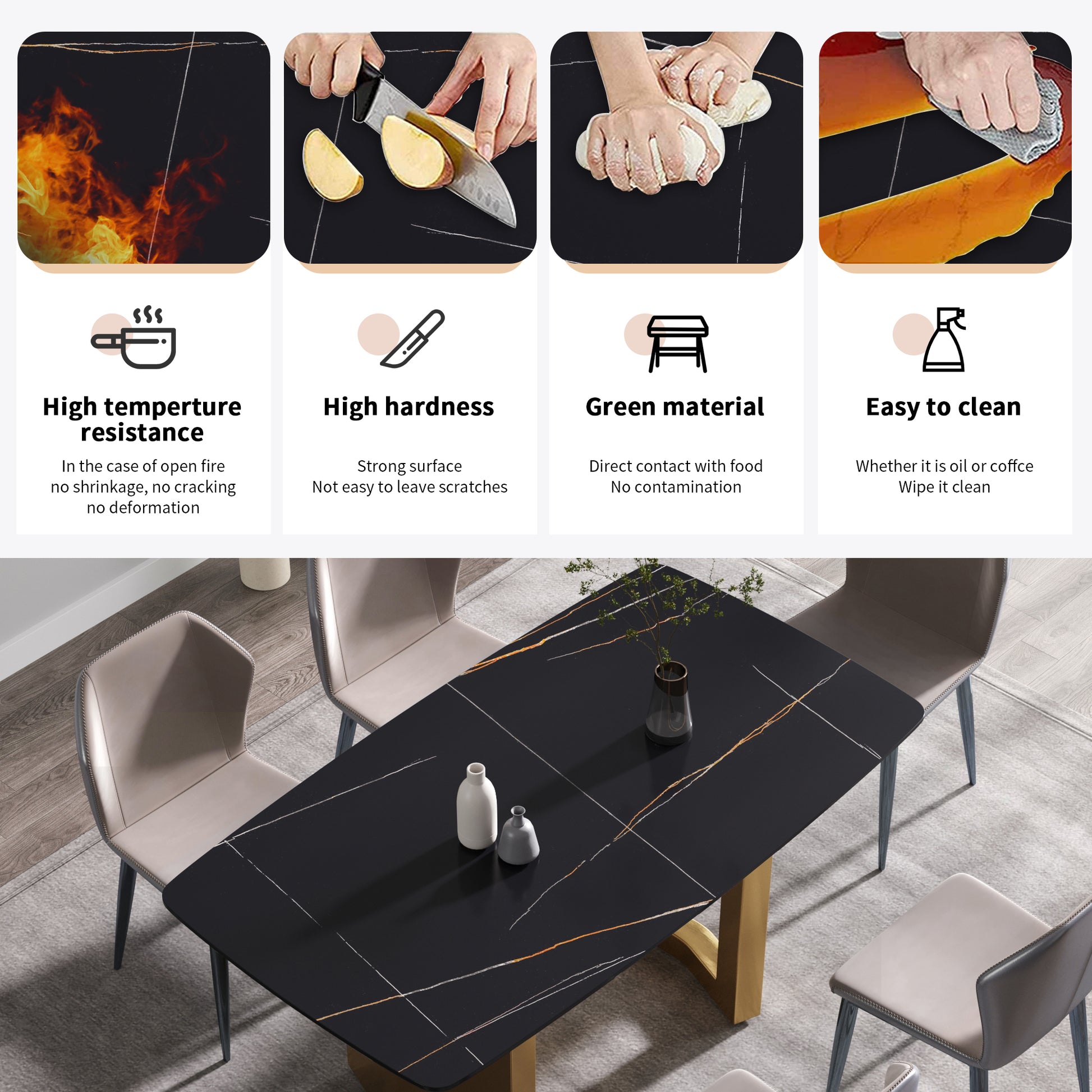 63"Modern Artificial Stone Black Curved Golden Metal Leg Dining Table 6 People Black Metal Sintered Stone