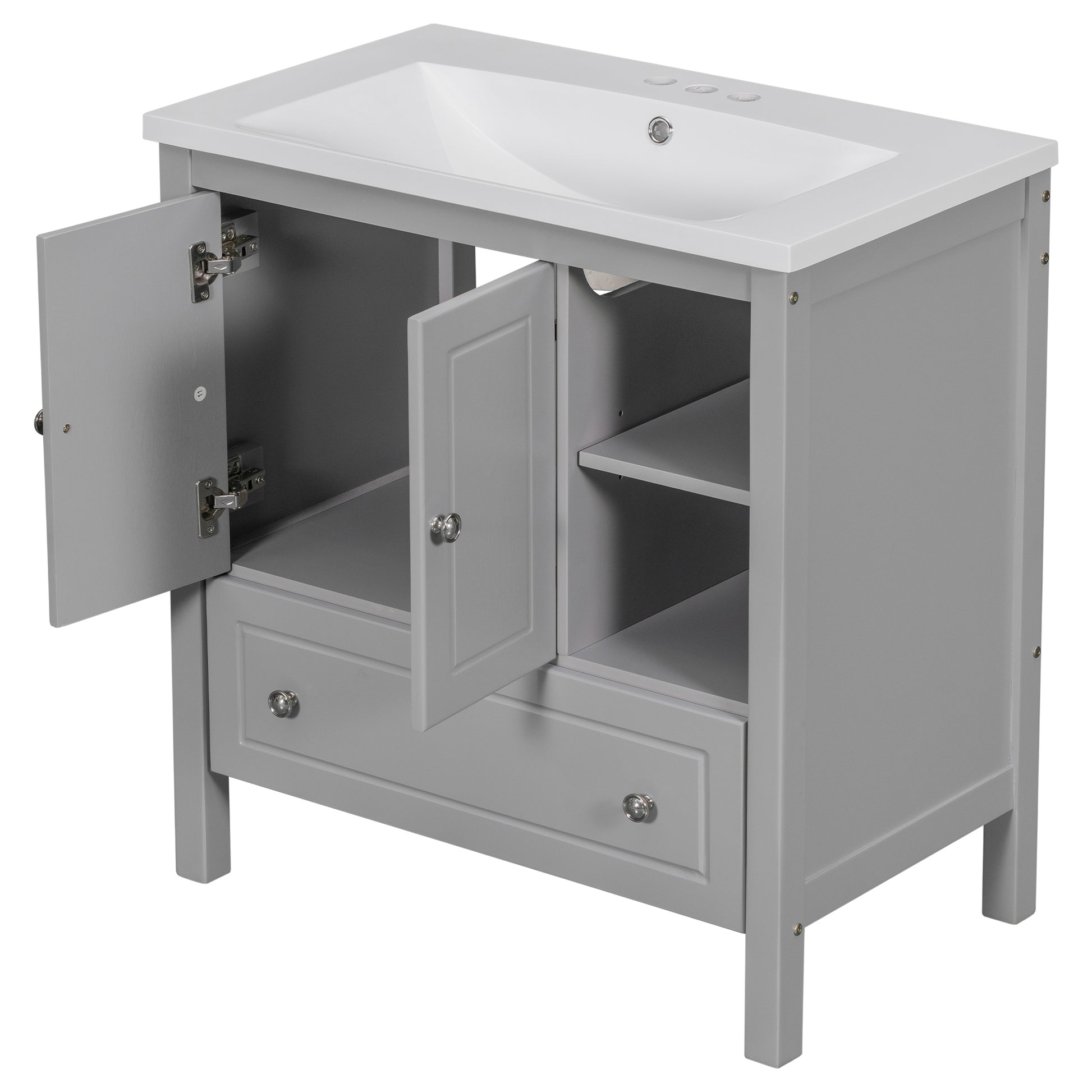 Video 30" Bathroom Vanity With Sink, Bathroom Storage Cabinet With Doors And Drawers, Solid Wood Frame, Ceramic Sink, Grey Old Sku: Jl000002Aag Grey Solid Wood Mdf