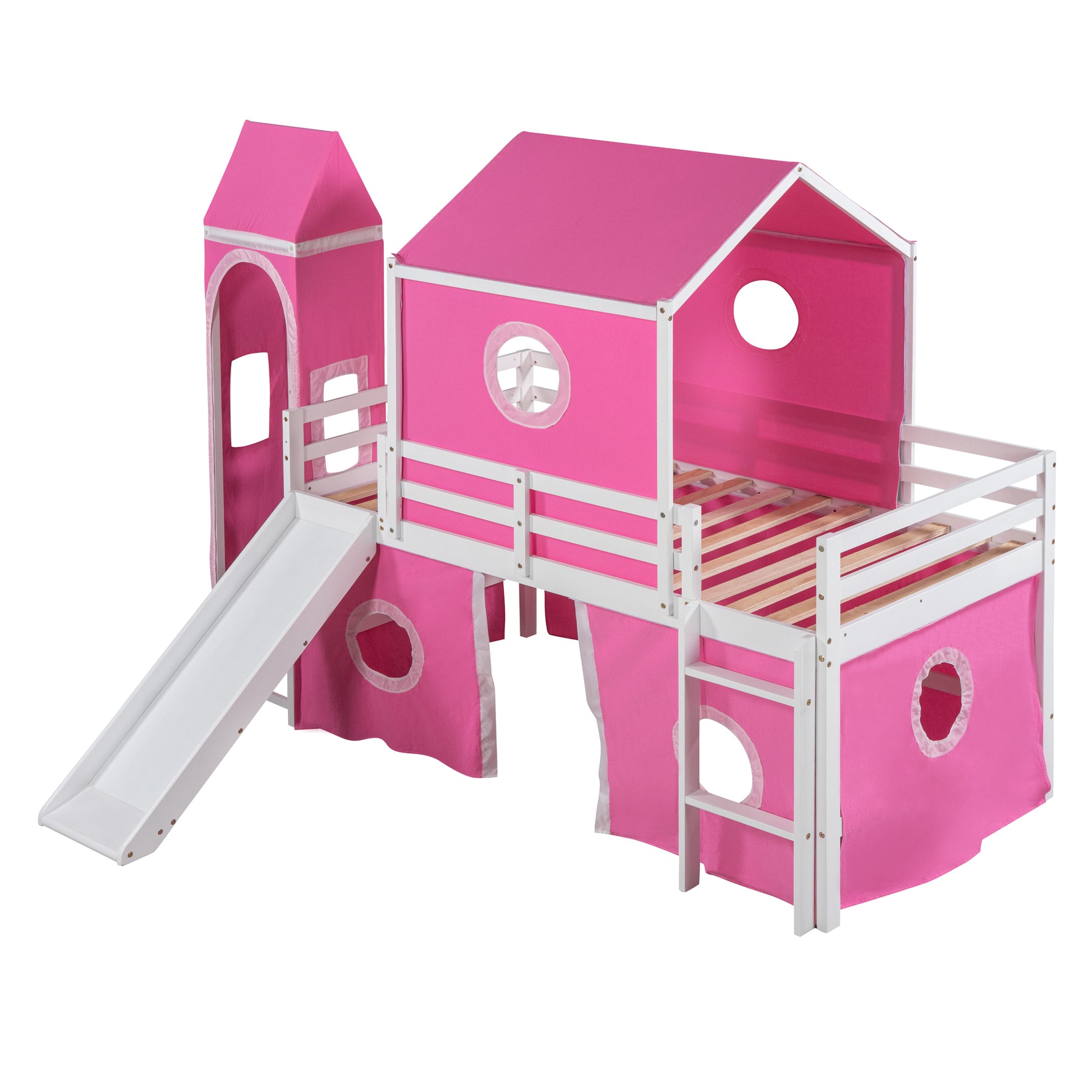 Twin Size Loft Bed With Slide Pink Tent And Tower Pink Twin Pink Solid Wood