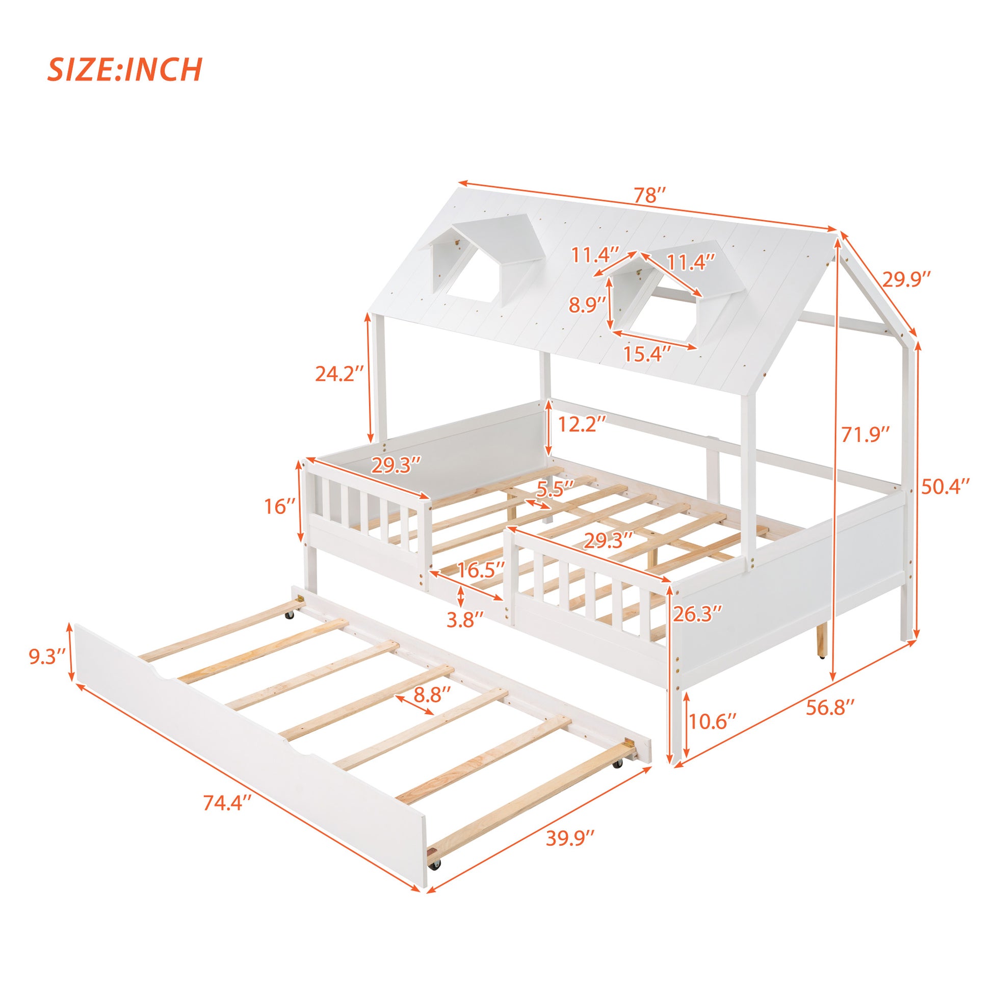 Full Size House Bed Wood Bed With Twin Size Trundle White White Solid Wood