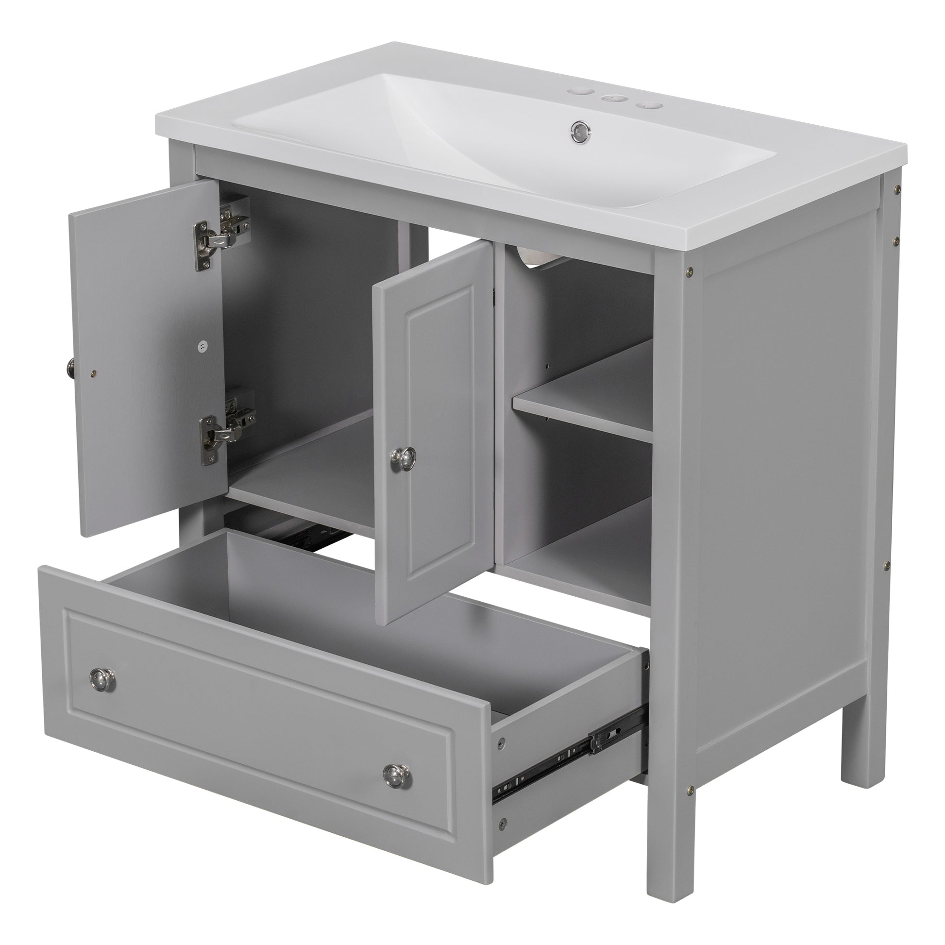 Video 30" Bathroom Vanity With Sink, Bathroom Storage Cabinet With Doors And Drawers, Solid Wood Frame, Ceramic Sink, Grey Old Sku: Jl000002Aag Grey Solid Wood Mdf