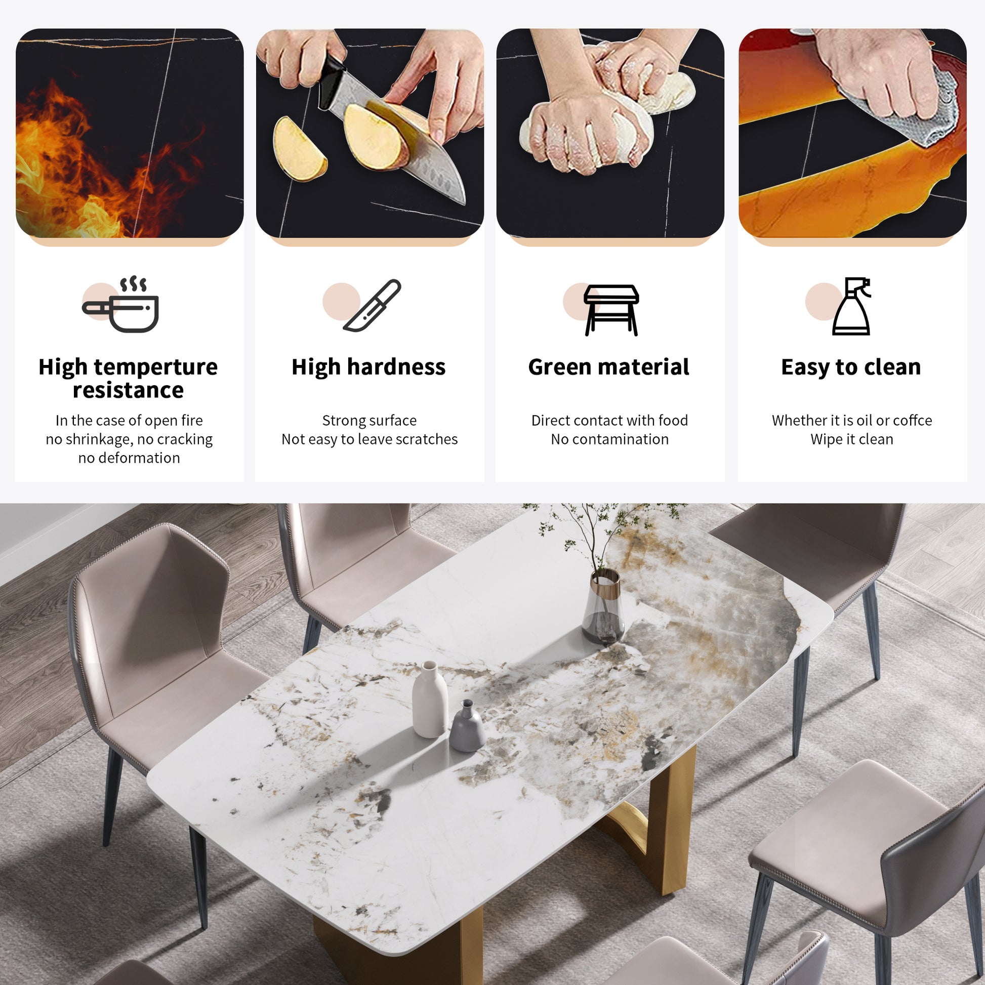 63"Modern Artificial Stone Pandora White Curved Golden Metal Leg Dining Table 6 People Antique White Metal Sintered Stone