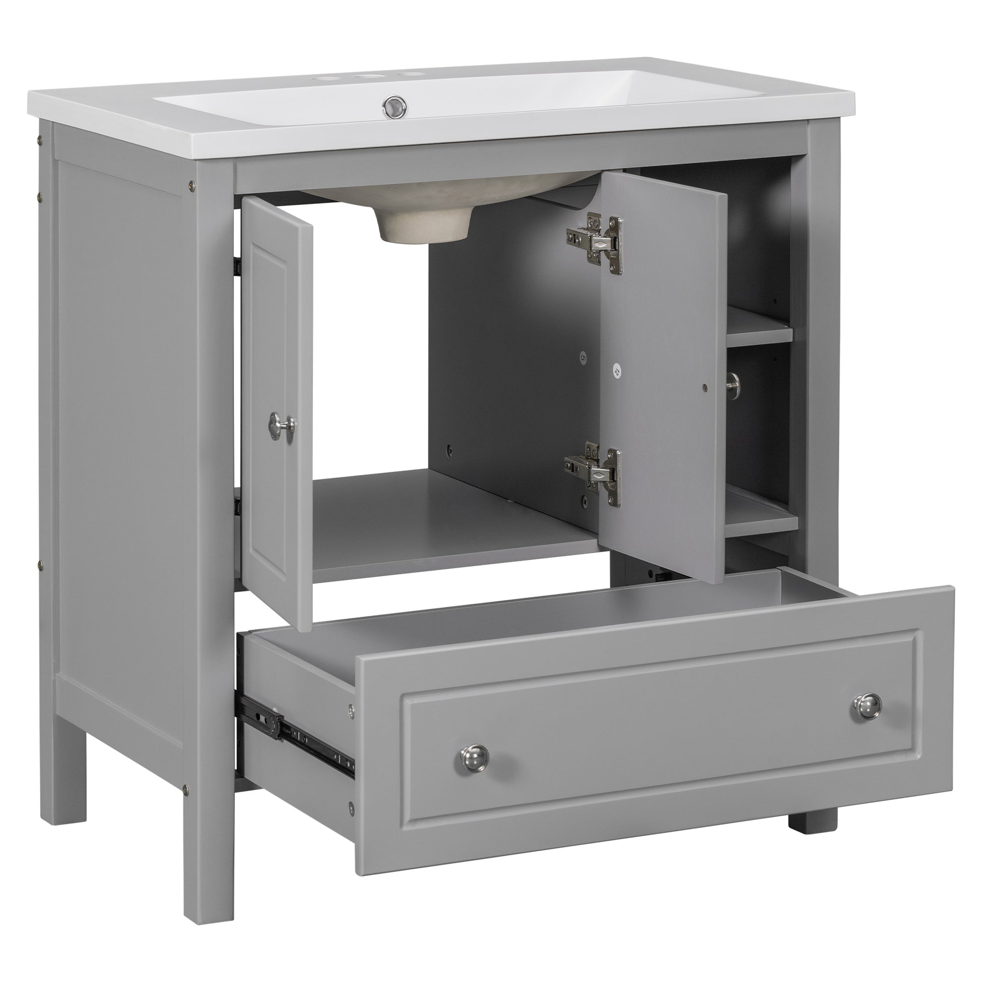 Video 30" Bathroom Vanity With Sink, Bathroom Storage Cabinet With Doors And Drawers, Solid Wood Frame, Ceramic Sink, Grey Old Sku: Jl000002Aag Grey Solid Wood Mdf