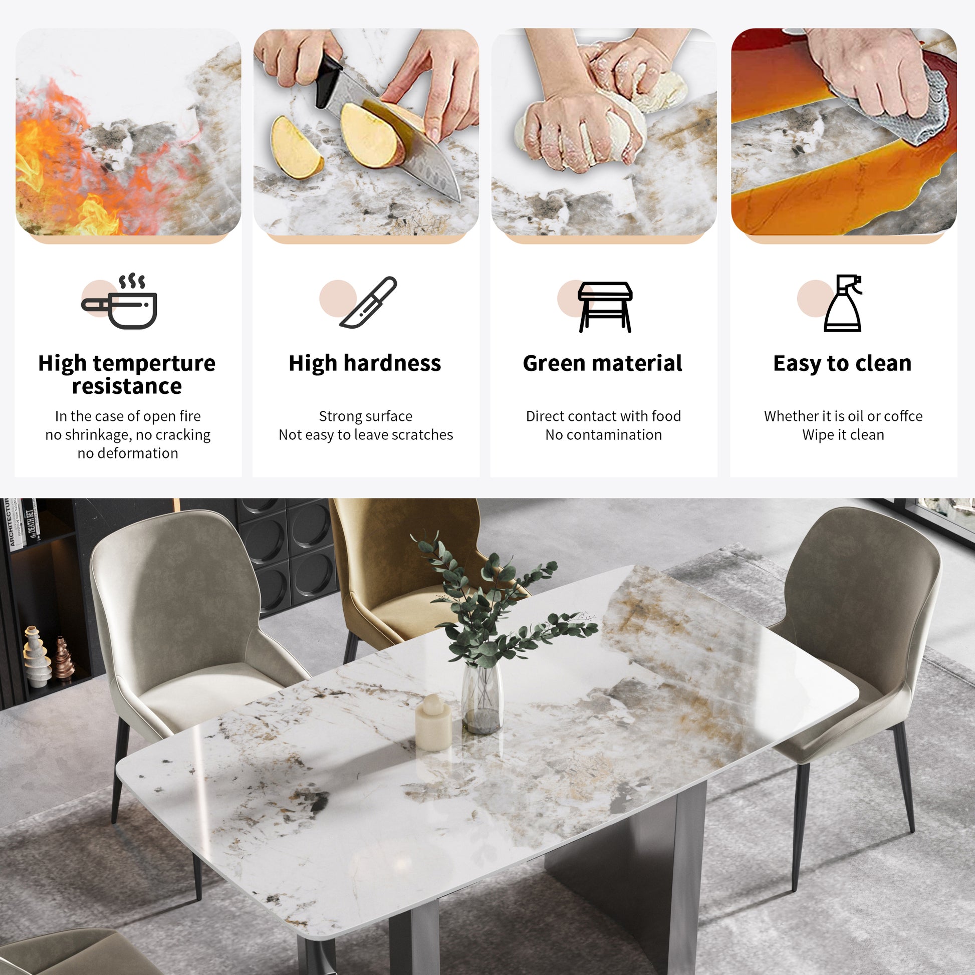 63"Modern Artificial Stone Pandora White Curved Black Metal Leg Dining Table 6 People Antique White Metal Sintered Stone