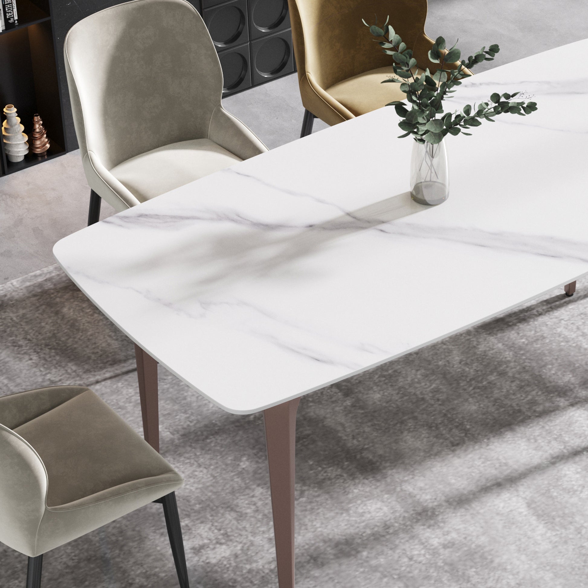 63"Modern Artificial Stone White Curved Metal Leg Dining Table 6 People White Metal Sintered Stone