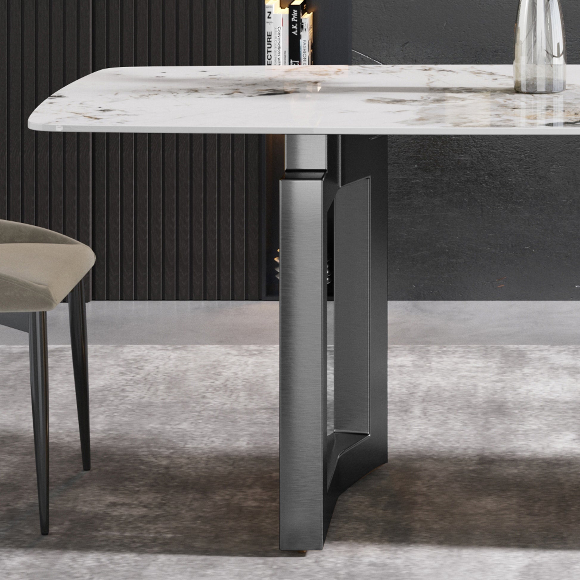 63"Modern Artificial Stone Pandora White Curved Black Metal Leg Dining Table 6 People Antique White Metal Sintered Stone