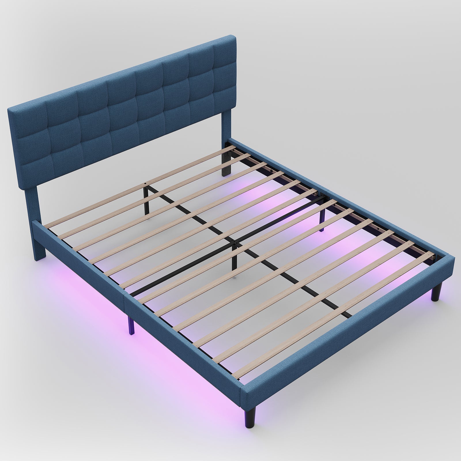 Queen Size Upholstered Platform Bed Linen Bed Frame With Lights Square Stitched Adjustable Headboard Strong Bed Slats System No Box Spring Needed Blue Queen Blue Cotton Linen