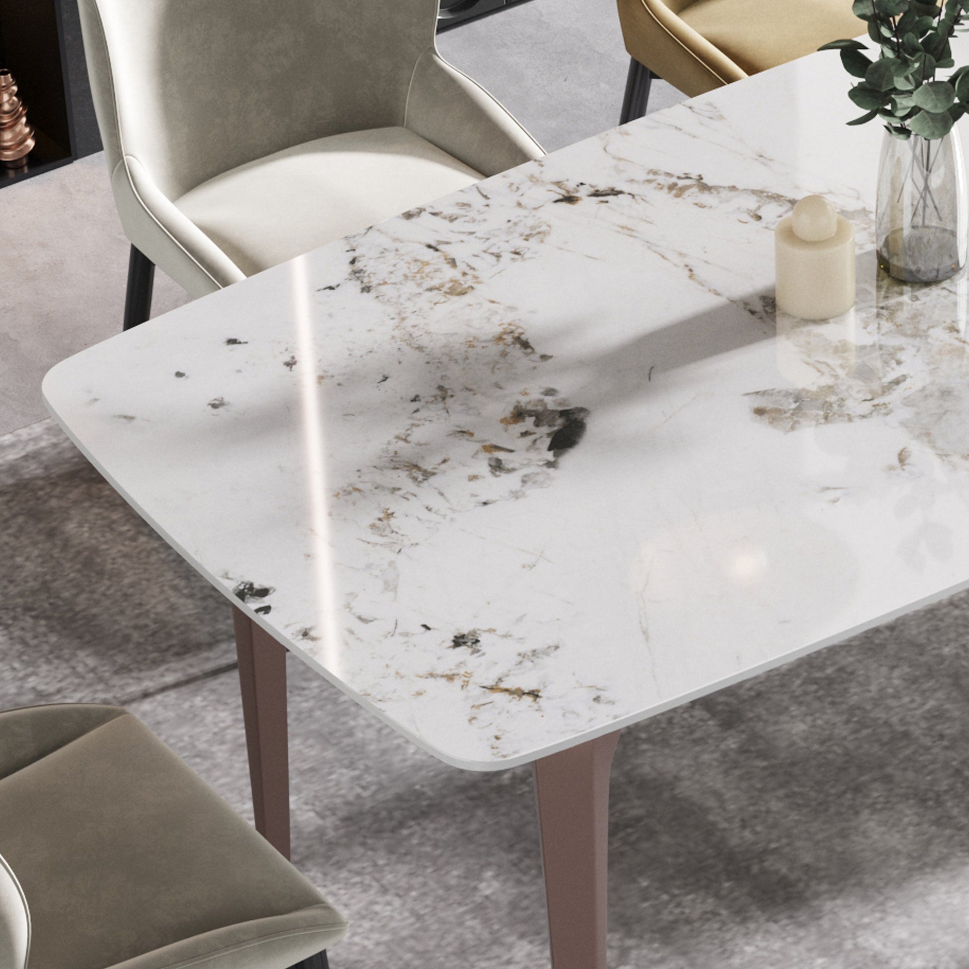 63"Modern Artificial Stone Pandora White Curved Metal Leg Dining Table 6 People Antique White Metal Sintered Stone