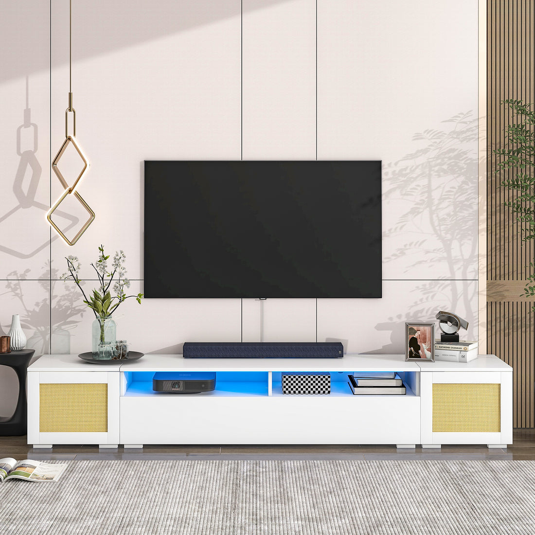 Rattan Style Entertainment Center With Push To Open Doors, 3 Pics Extended Tv Console Table For Tvs Up To 90'', Modern Tv Stand With Color Changing Led Lights For Home Theatre, White White Particle Board