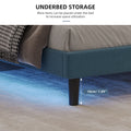 Queen Size Upholstered Platform Bed Linen Bed Frame With Lights Square Stitched Adjustable Headboard Strong Bed Slats System No Box Spring Needed Blue Queen Blue Cotton Linen