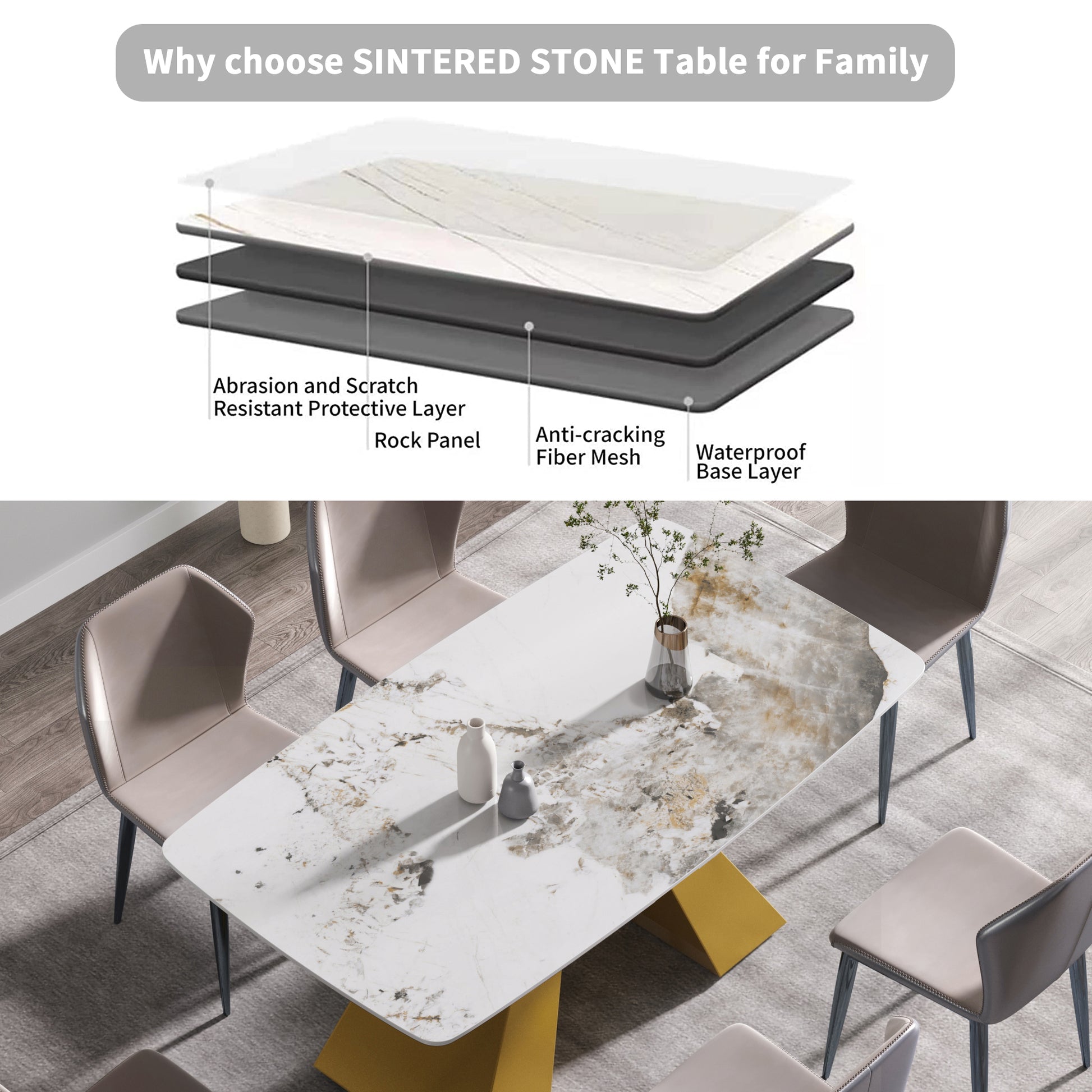 63"Modern Artificial Stone Pandora White Curved Golden Metal Leg Dining Table 6 People Antique White Metal Sintered Stone