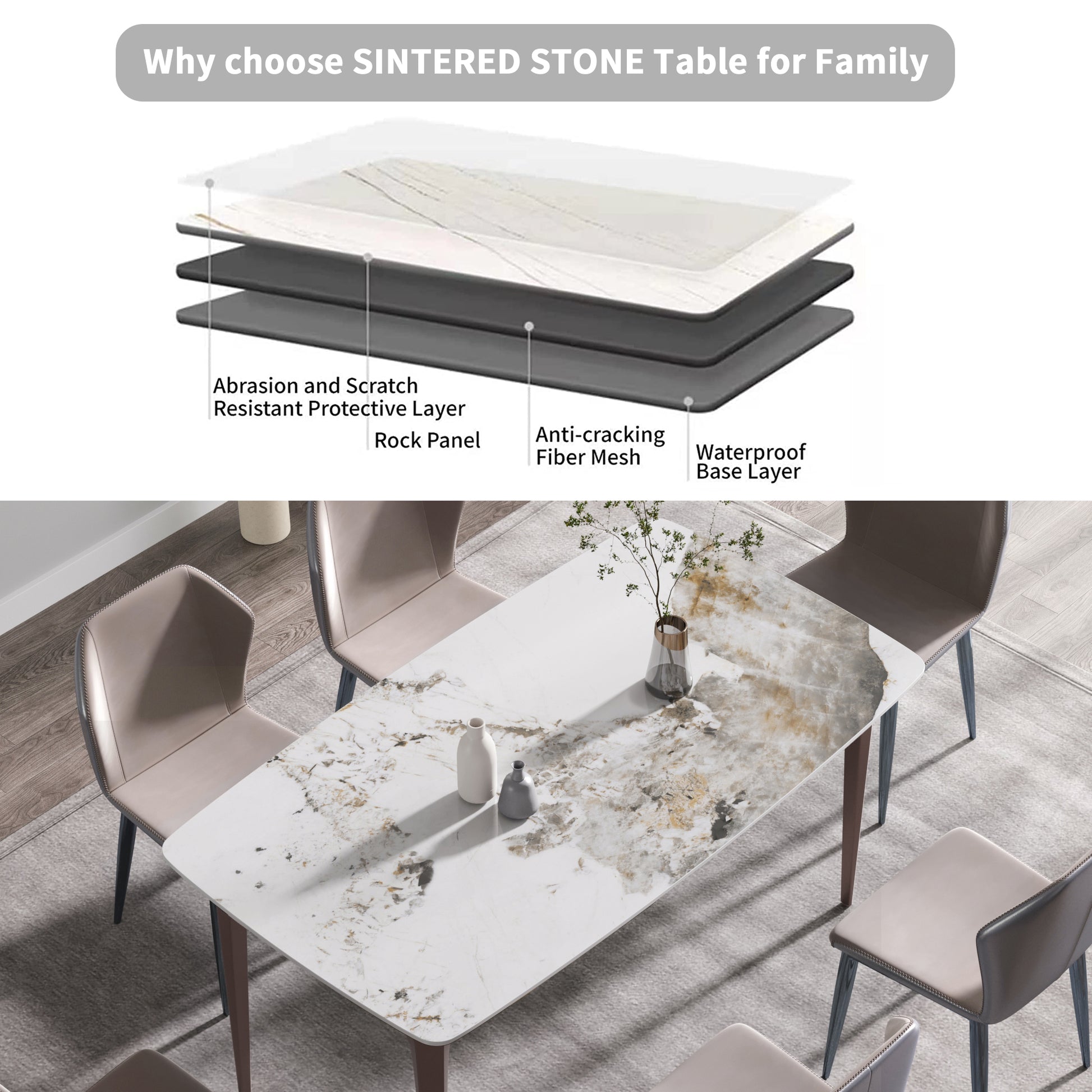 63"Modern Artificial Stone Pandora White Curved Metal Leg Dining Table 6 People Antique White Metal Sintered Stone