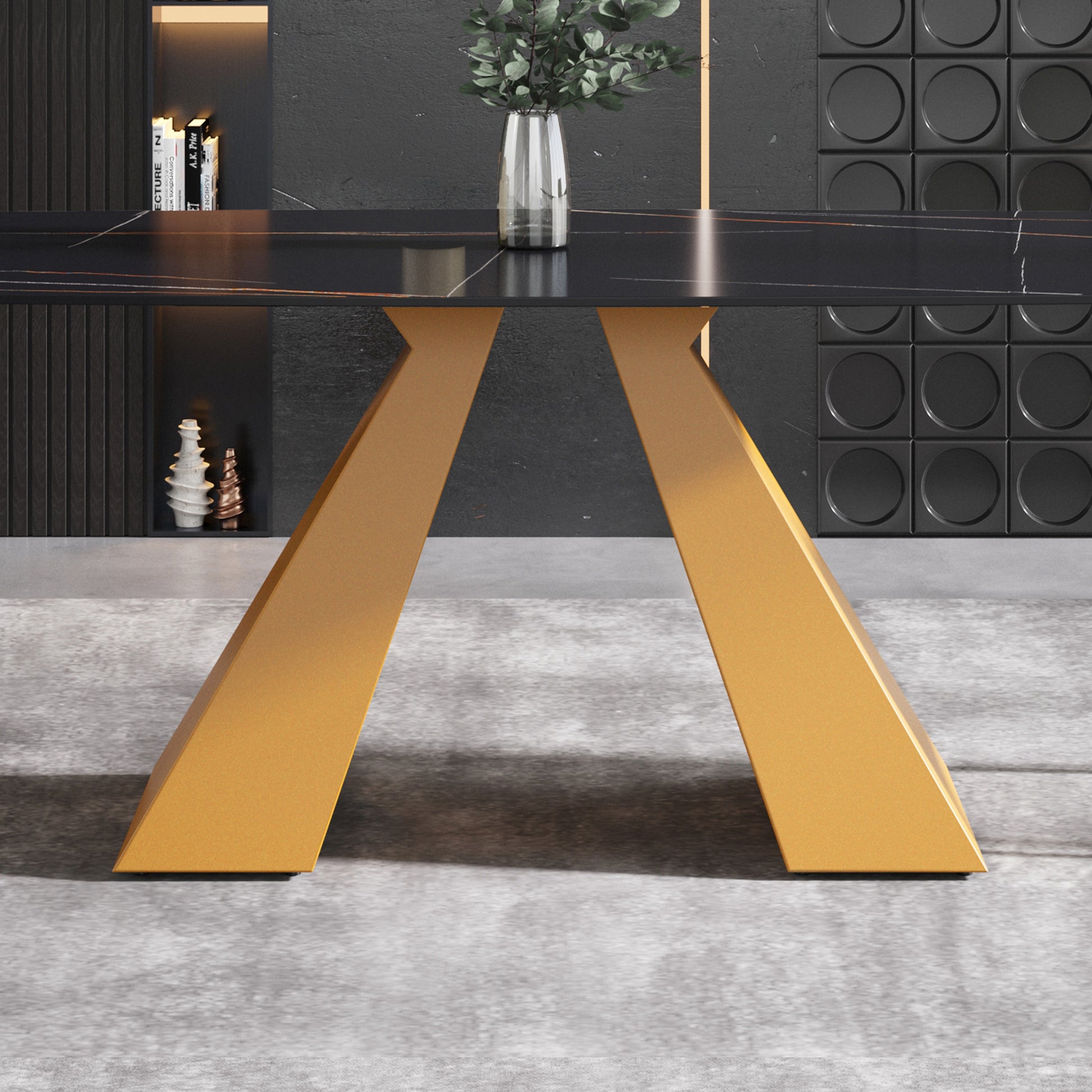63"Modern Artificial Stone Black Curved Golden Metal Leg Dining Table 6 People Black Metal Sintered Stone