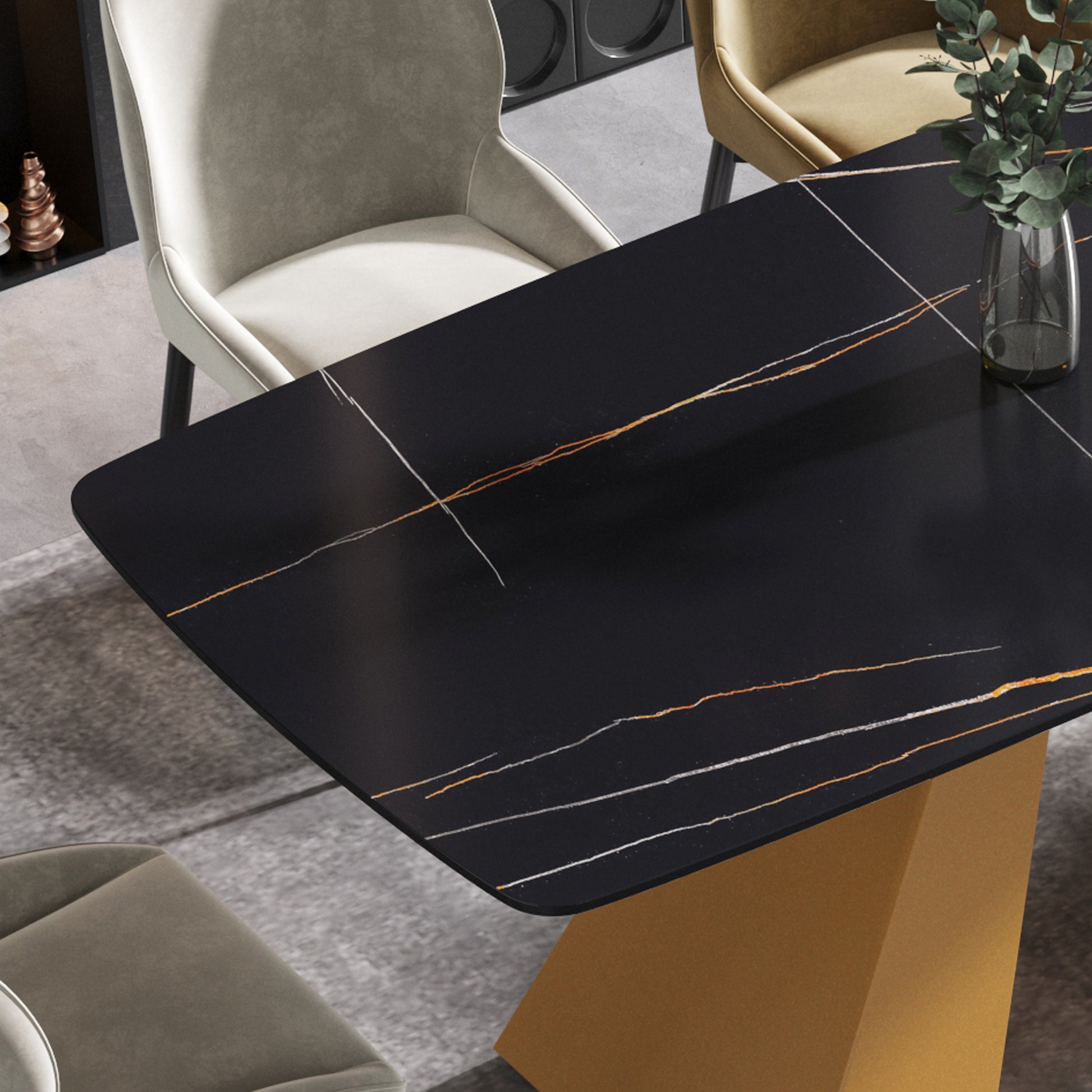63"Modern Artificial Stone Black Curved Golden Metal Leg Dining Table 6 People Black Metal Sintered Stone