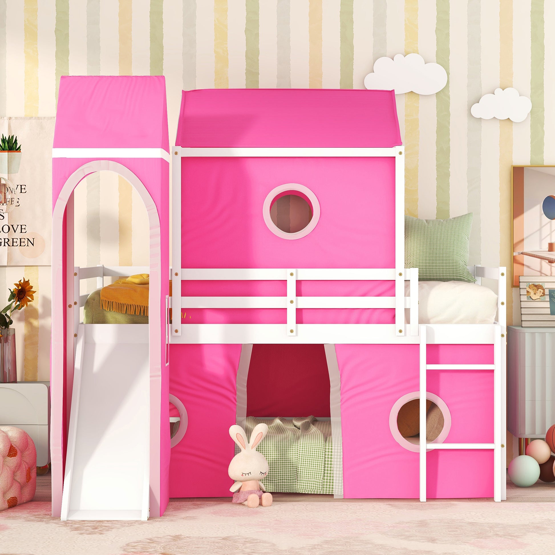 Twin Size Loft Bed With Slide Pink Tent And Tower Pink Twin Pink Solid Wood