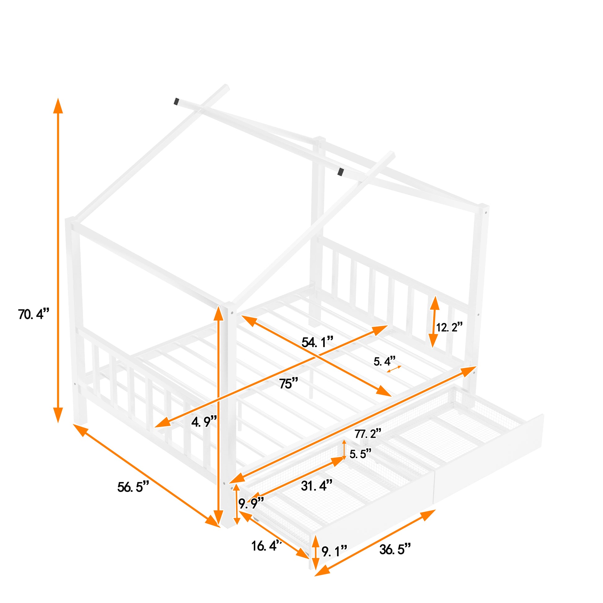 Full Size Metal House Platform Bed With Two Drawers,Headboard And Footboard,Roof Design,White White Metal