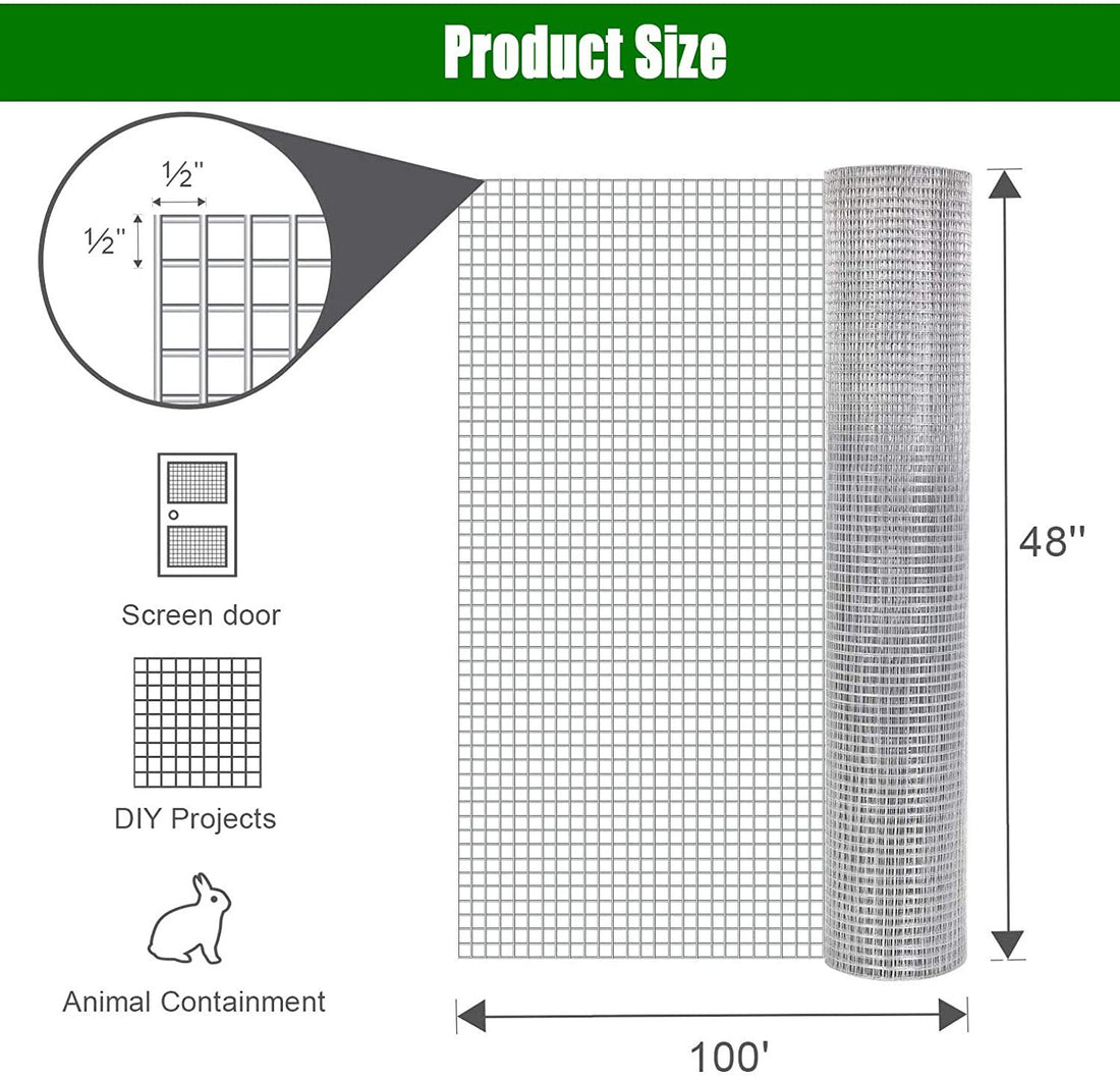 48Inx100Ft 1 2 In 19 Gauge Hardware Cloth Welded Cage Wire Chicken Fence Mesh Rolls Square Chicken Wire Netting Raised Garden Rabbit Fence Snake Fencing Rodent Animals Silver Iron