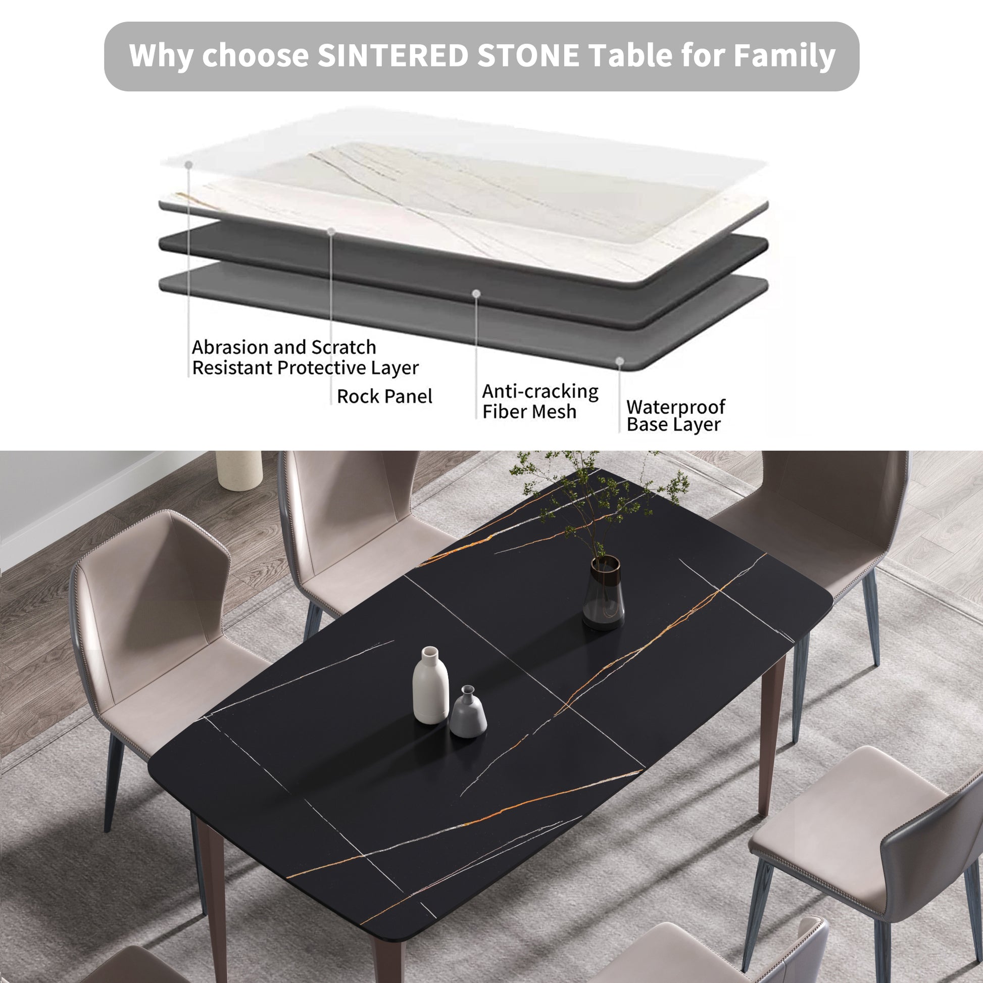 63"Modern Artificial Stone Black Curved Metal Leg Dining Table 6 People Black Metal Sintered Stone