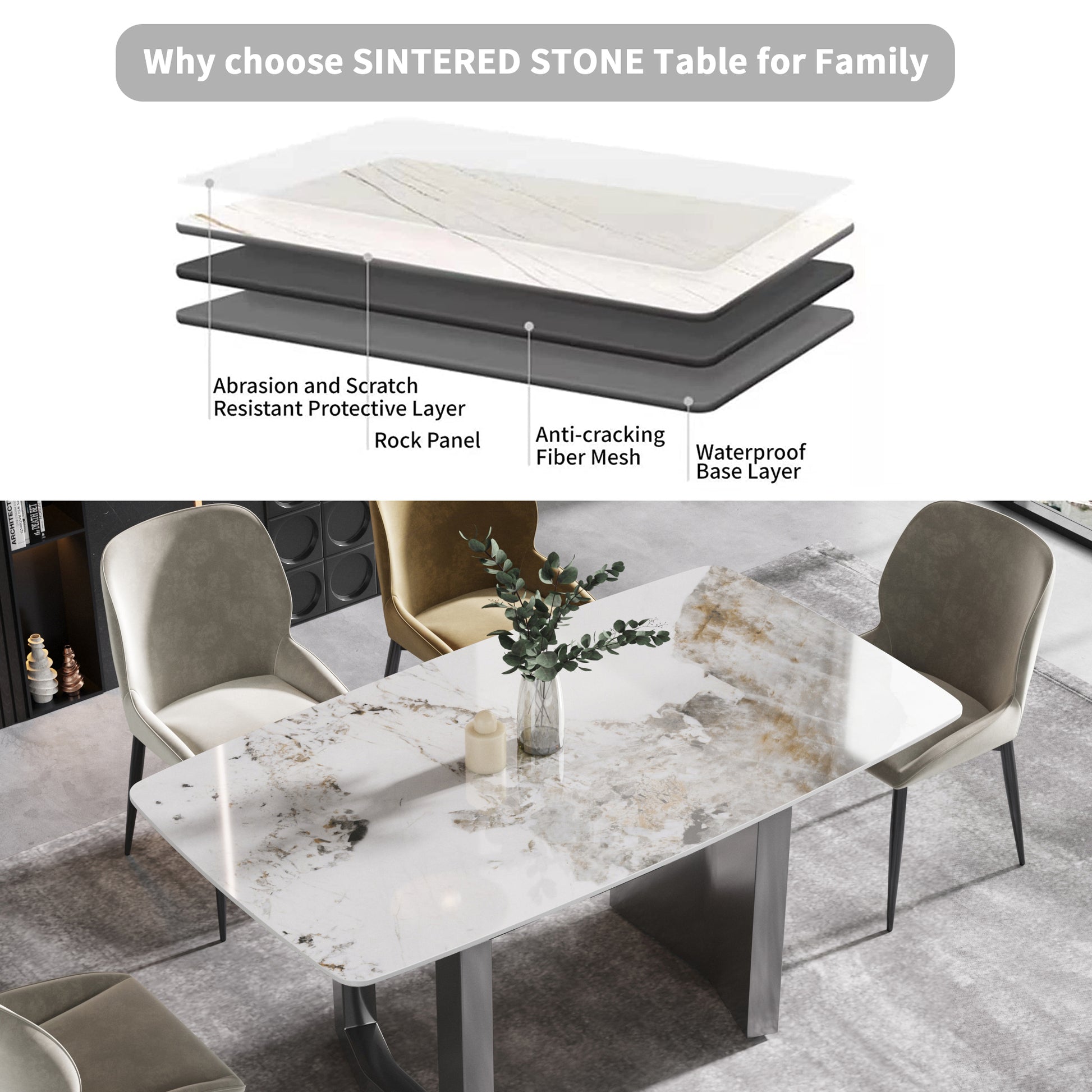 63"Modern Artificial Stone Pandora White Curved Black Metal Leg Dining Table 6 People Antique White Metal Sintered Stone