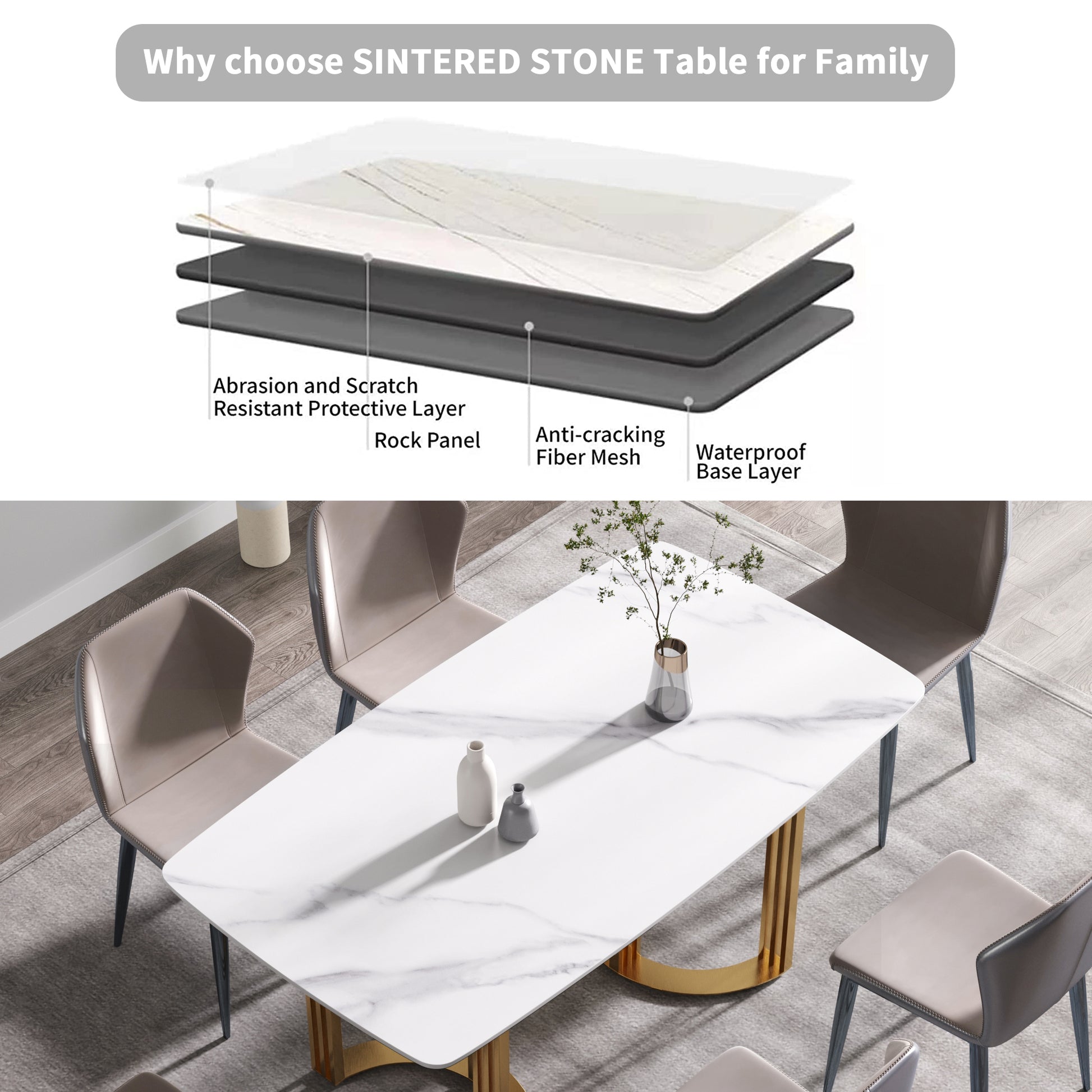 63"Modern Artificial Stone White Curved Golden Metal Leg Dining Table 6 People White Metal Sintered Stone