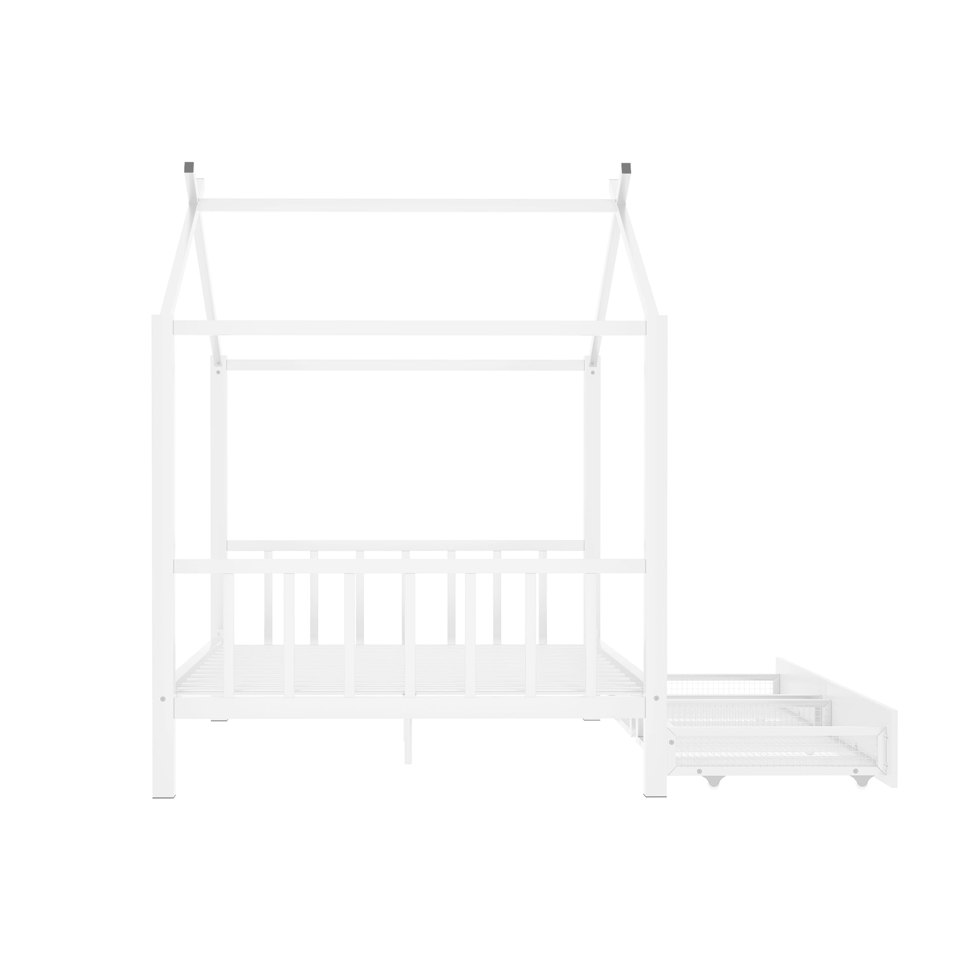 Full Size Metal House Platform Bed With Two Drawers,Headboard And Footboard,Roof Design,White White Metal