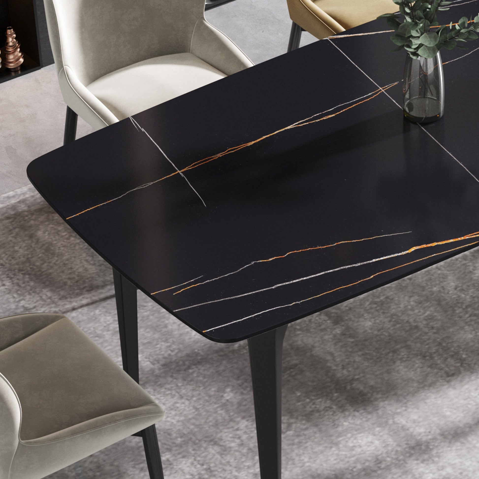 63"Modern Artificial Stone Black Curved Black Metal Leg Dining Table 6 People Black Metal Sintered Stone