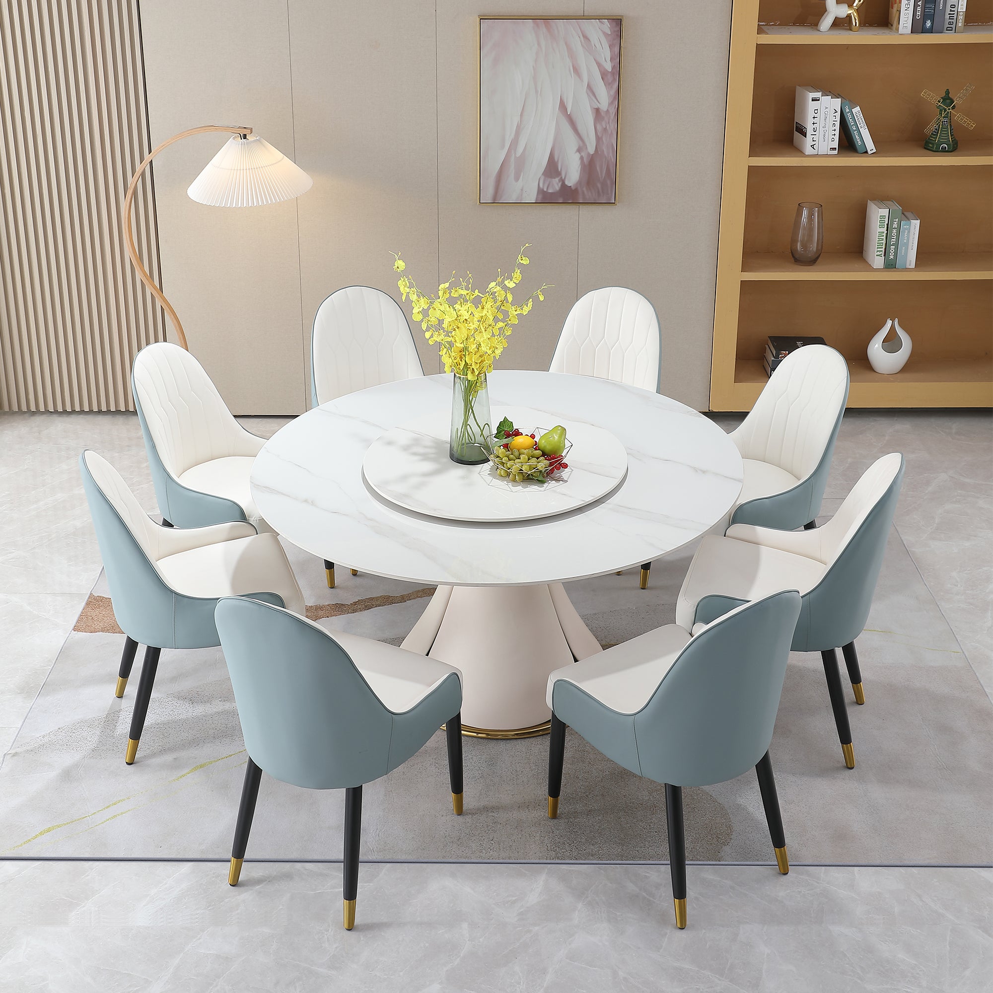 59.05"Modern Sintered Stone Dining Table With 31.5" Round Turntable With Wood And Metal Exquisite Pedestal With 8 Pcs Chairs . Beige Stone Stone