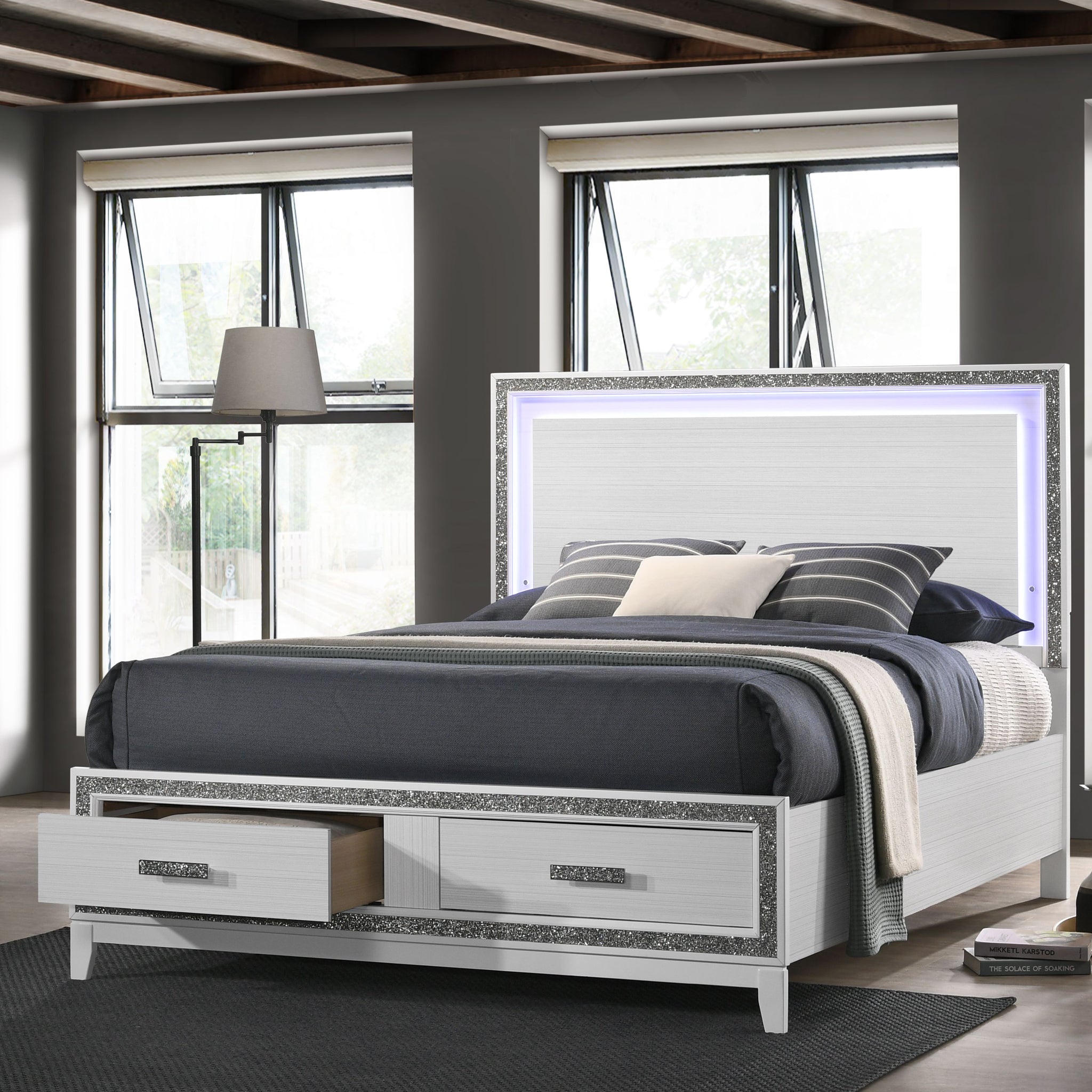 Haiden Queen Bed W Storage Led & White Finish Bd01425Q White Mdf