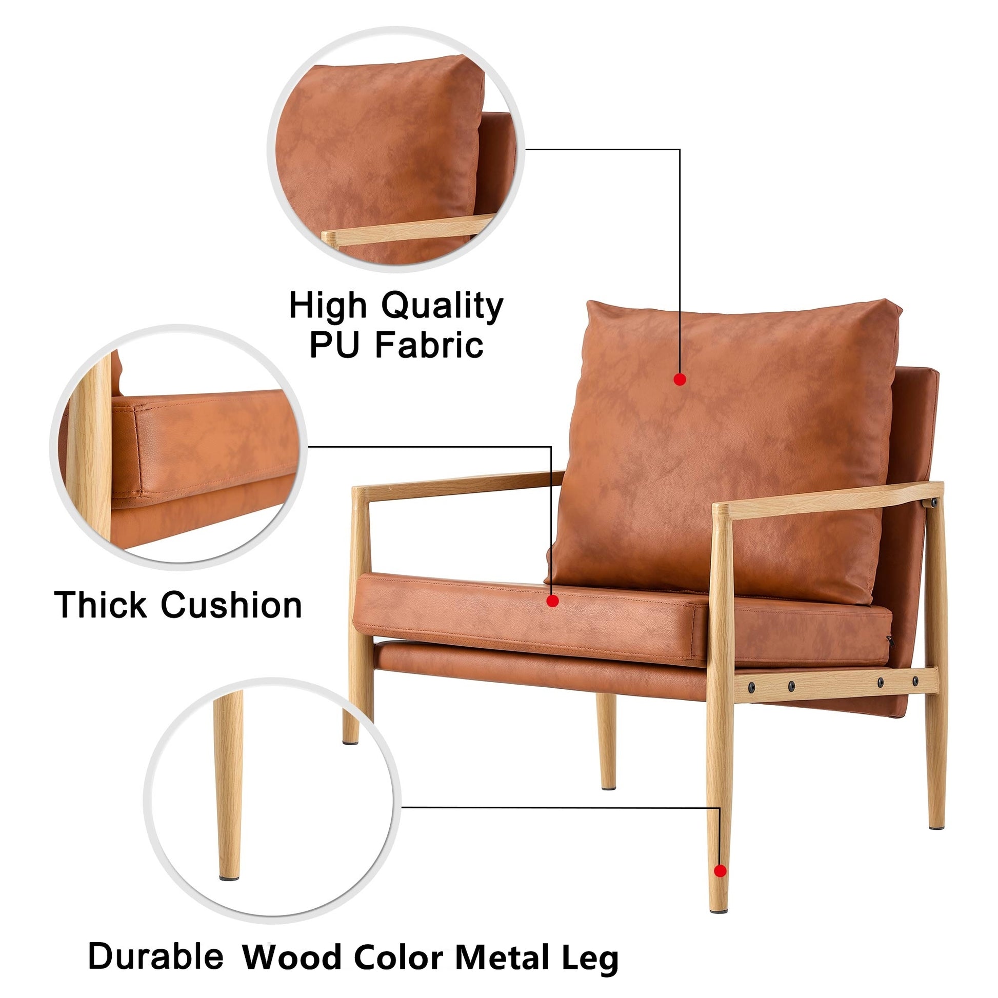 Pu Leather Accent Arm Chair Mid Century Modern Upholstered Armchair With Imitation Solid Wood Color Metal Frame Extra Thick Padded Backrest And Seat Cushion Sofa Chairs For Living Room Sf 010 Brown Foam Pu