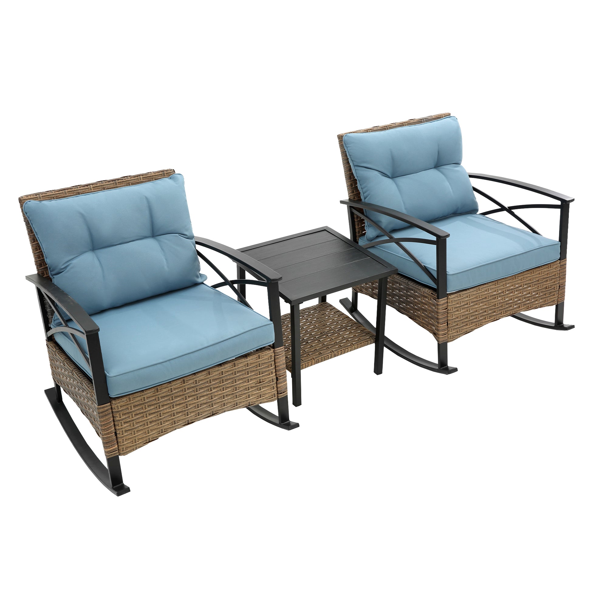 3Pcs Rocking Rattan Set Wholesale Leisure Chair Outdoor Rattan Rocking Chair Set Grey Blue Cotton Steel