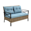 Patio 4 Piece Sectional Low Dining Conversation Sofa Set Kd Rattan Wicker Outdoor Garden Furniture Corner Sofa Set With Cushion. Blue Cotton Steel